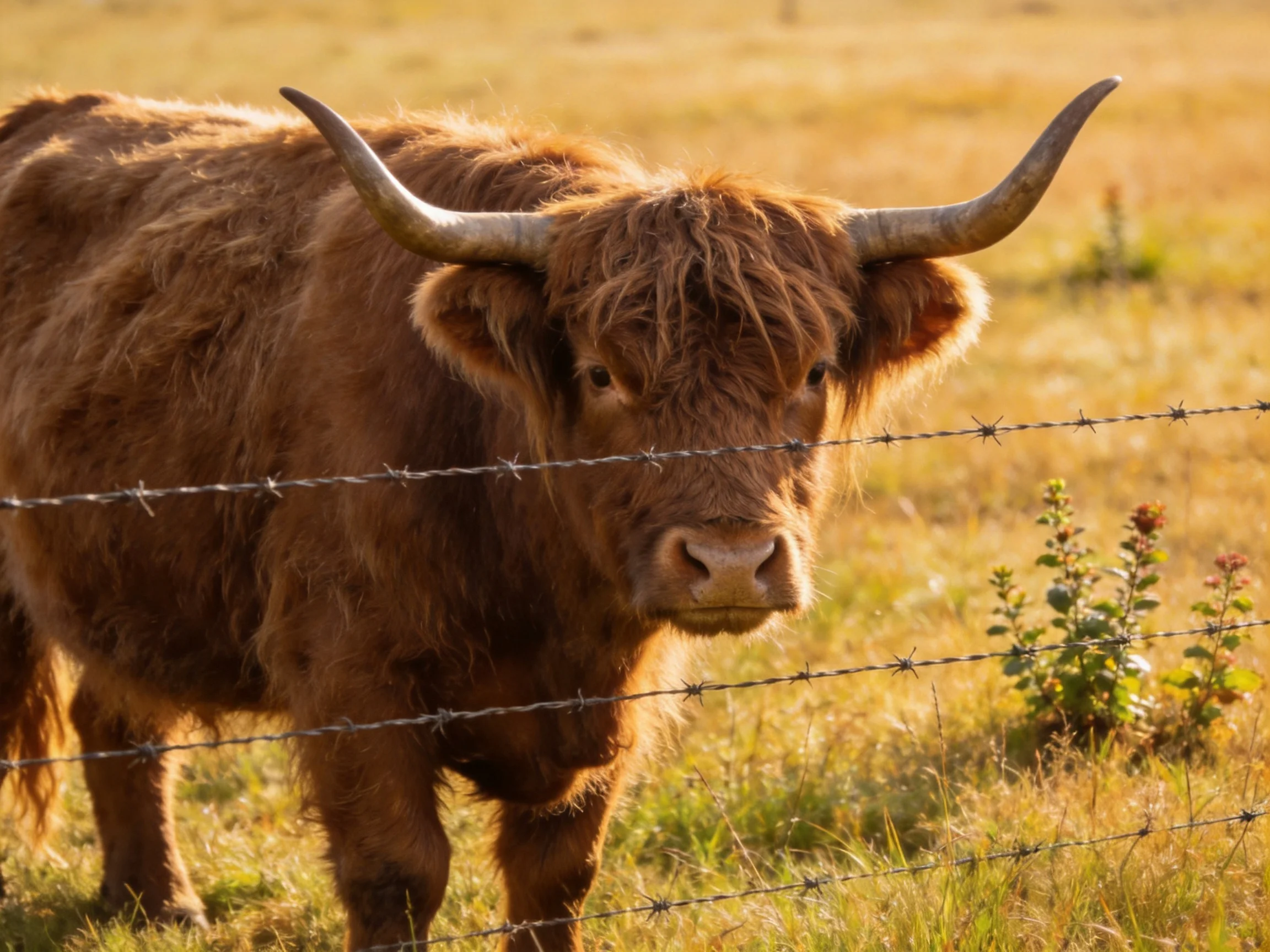 A shaggy brown Highland cow near a barbed wire fence in a golden field