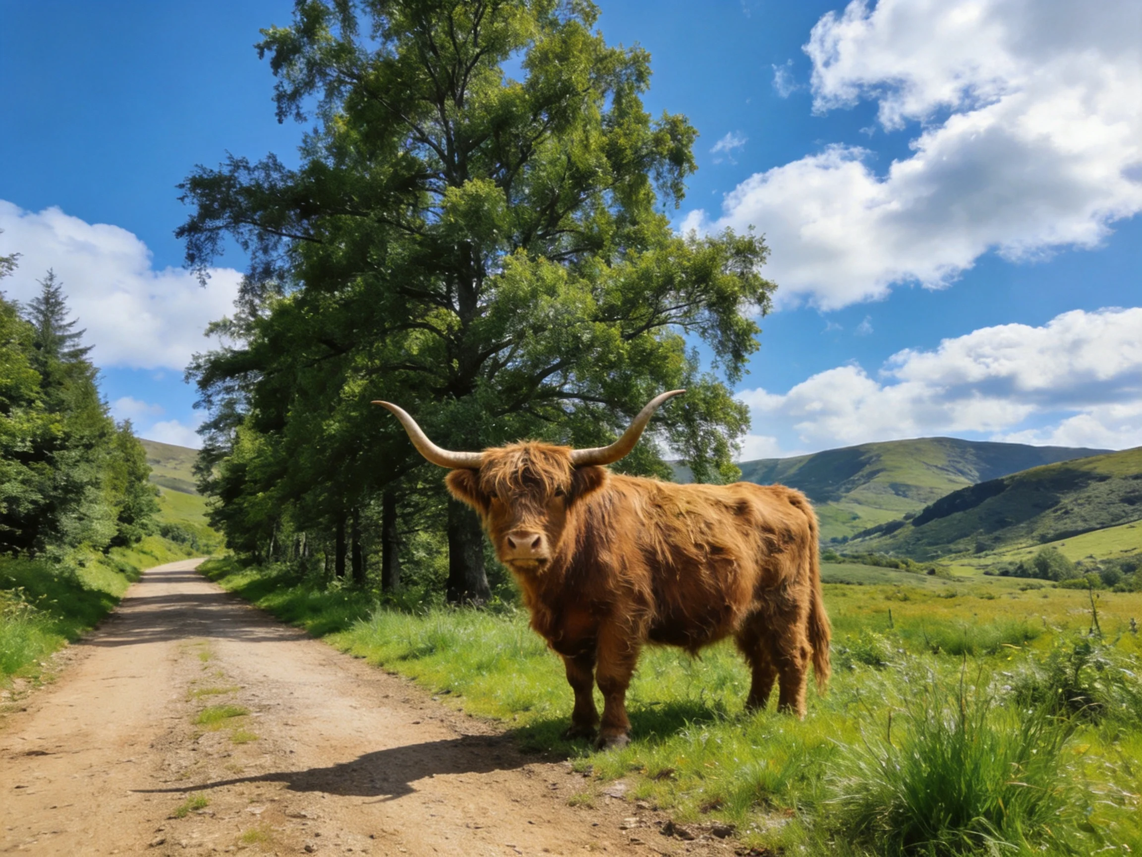 A shaggy brown Highland cow stands by a dirt road in a picturesque countryside.