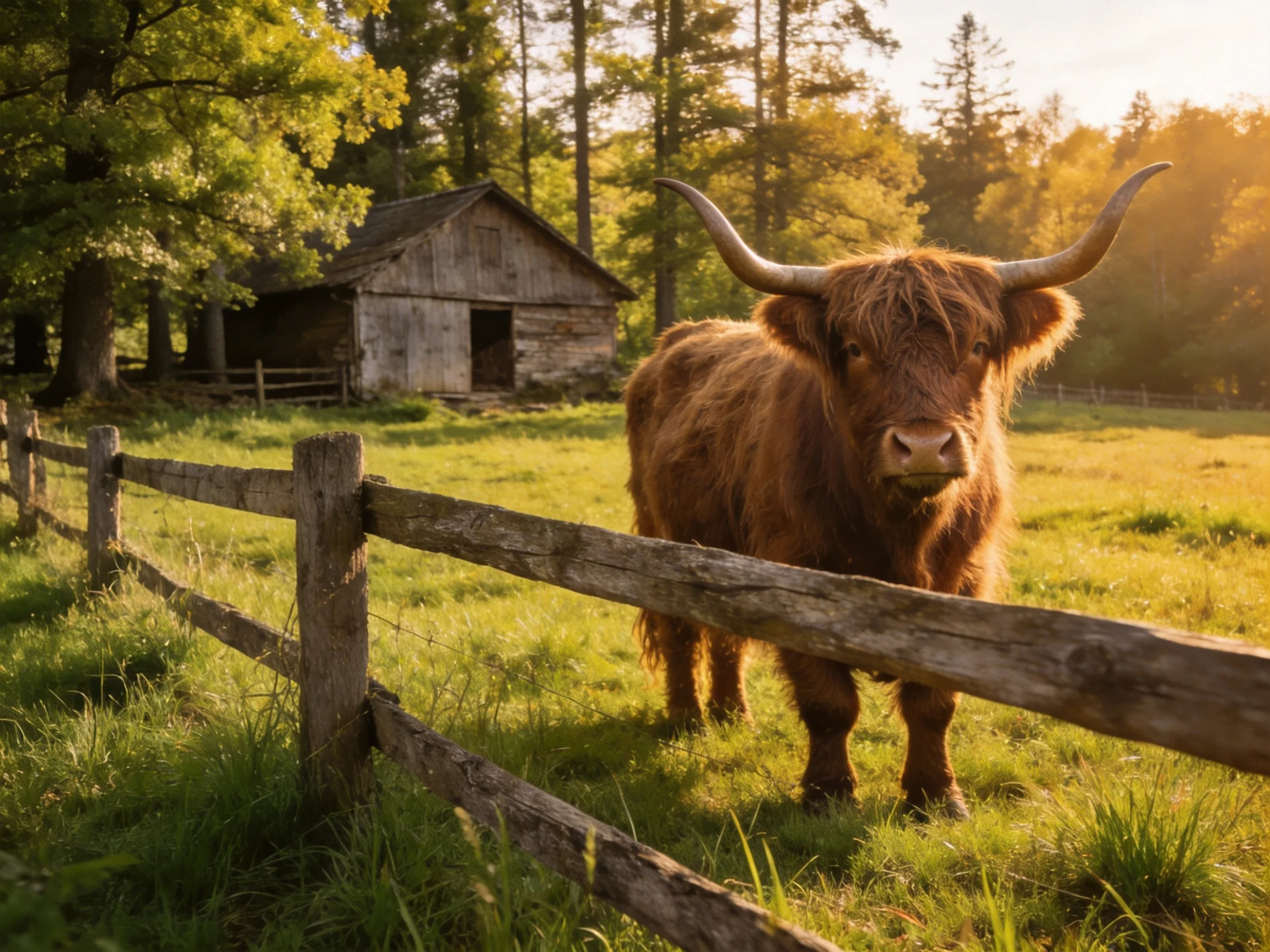 A shaggy brown Highland cow near a rustic wooden fence and old barn