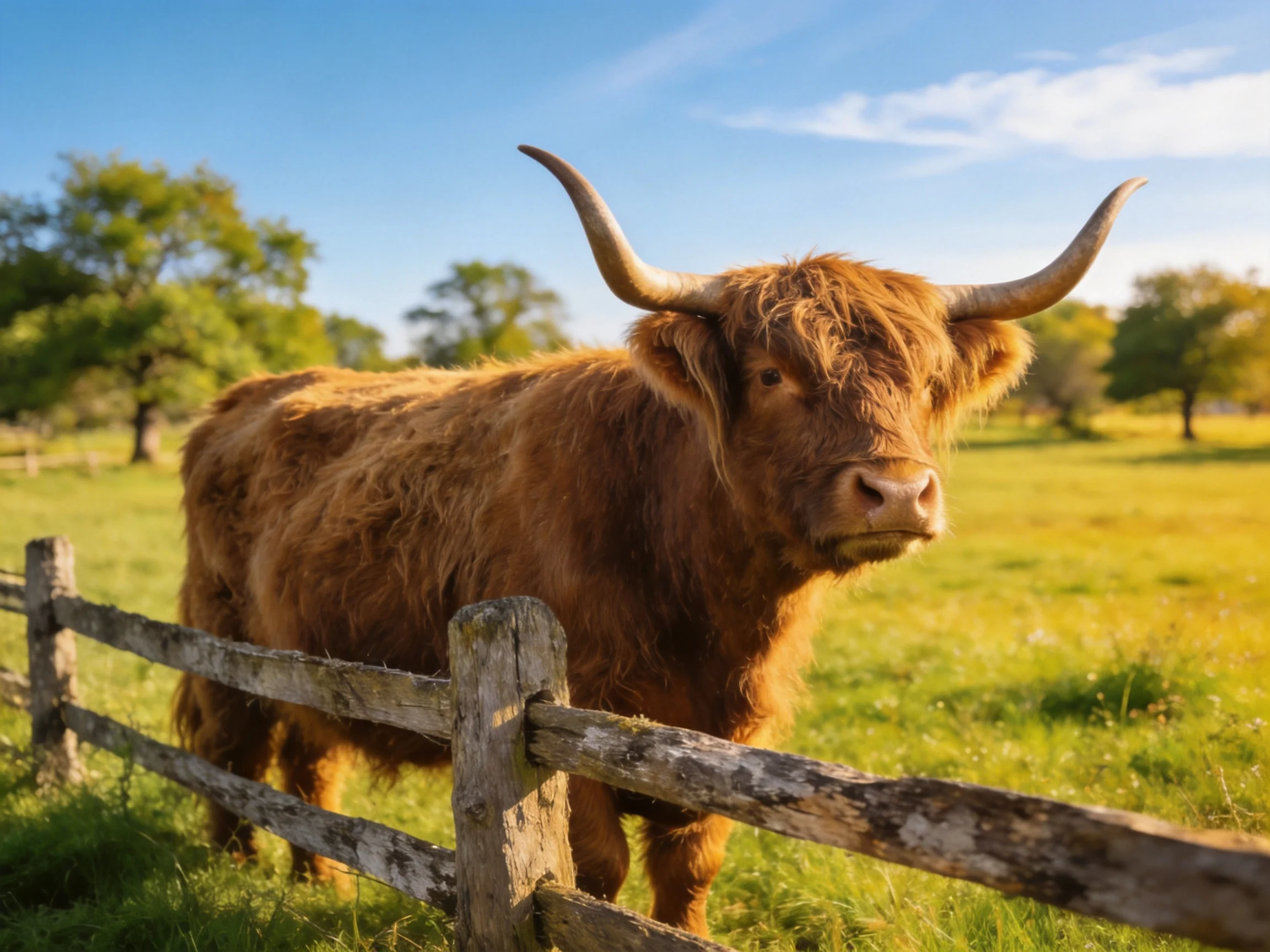 A shaggy brown Highland cow near a rustic wooden fence in a sunlit pasture