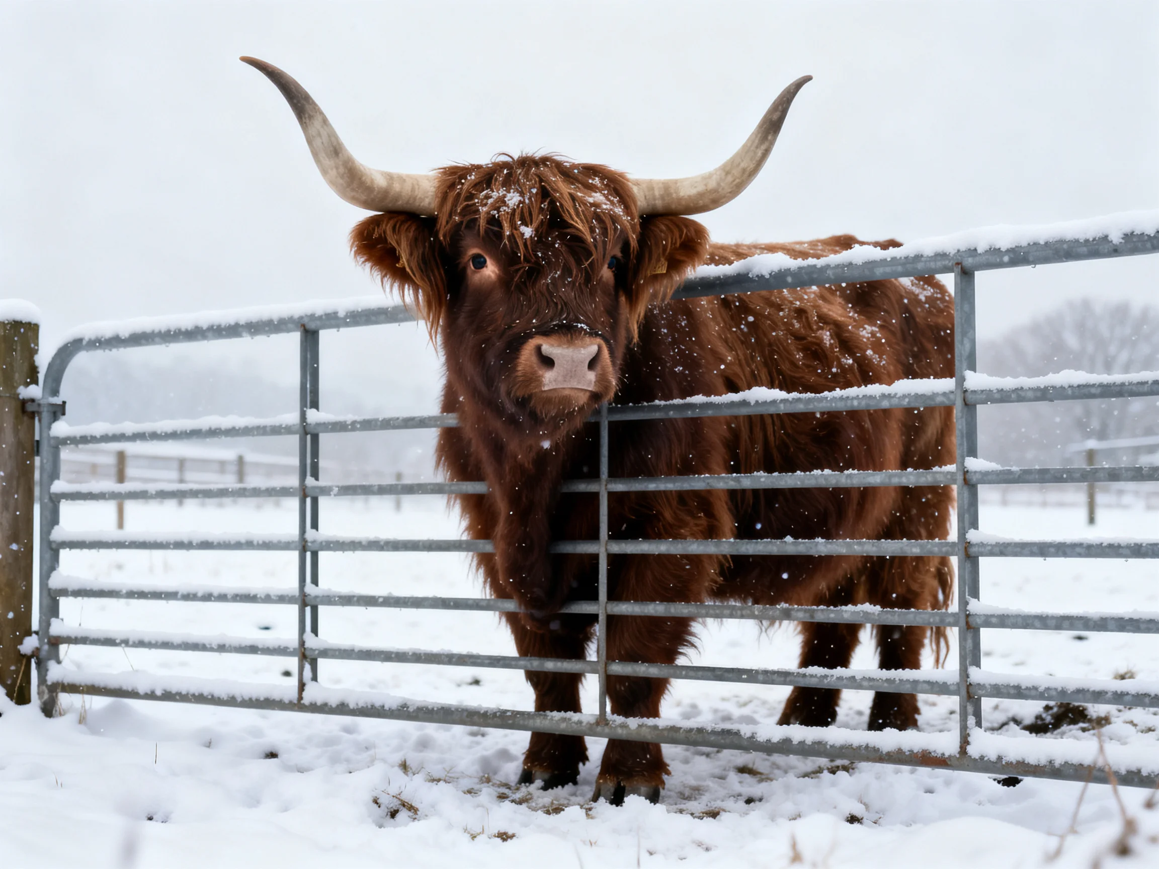 A shaggy brown Highland cow stands behind a snow-covered metal gate in a wintry landscape.