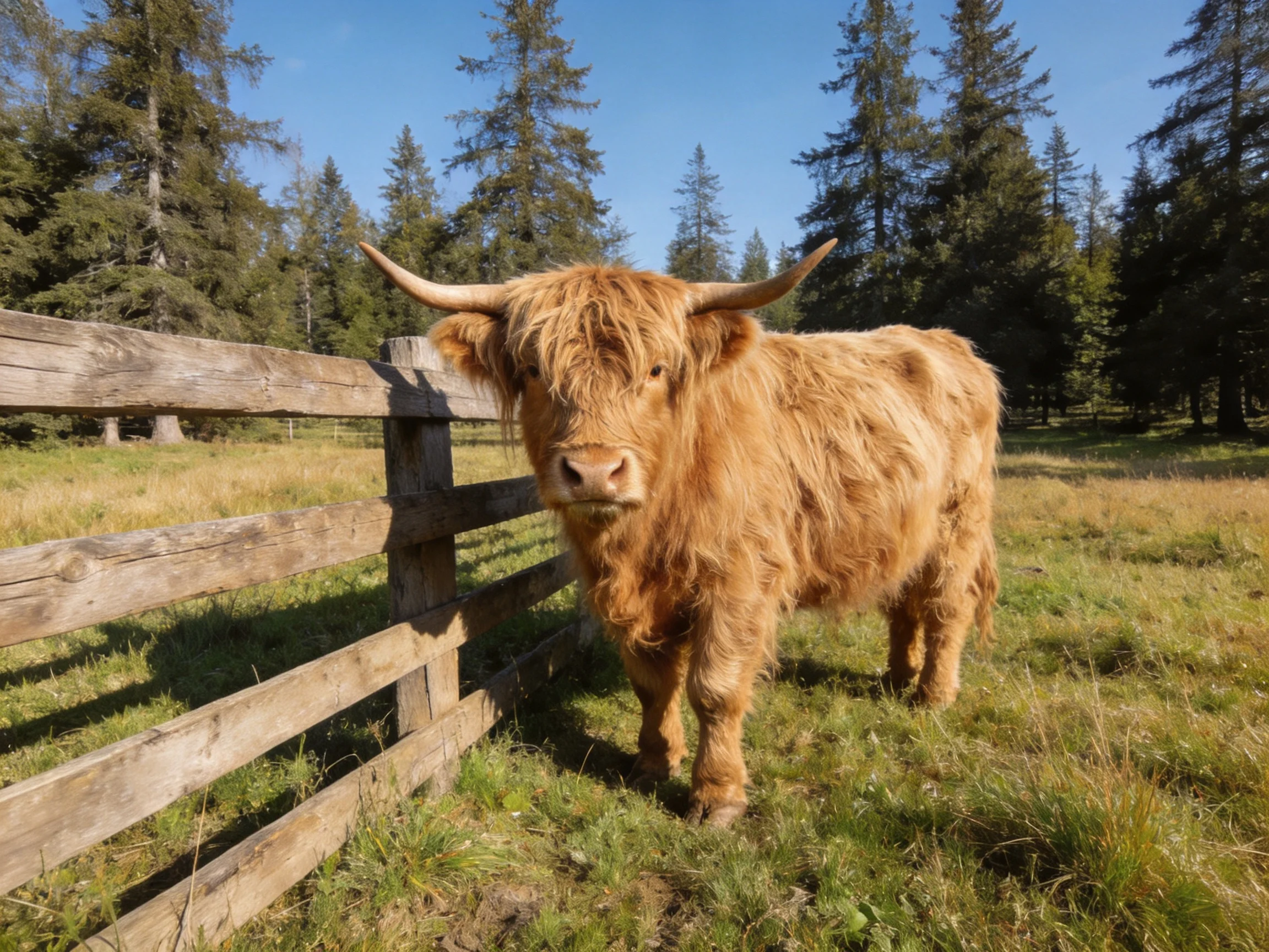 A shaggy brown Highland cow near a weathered wooden fence