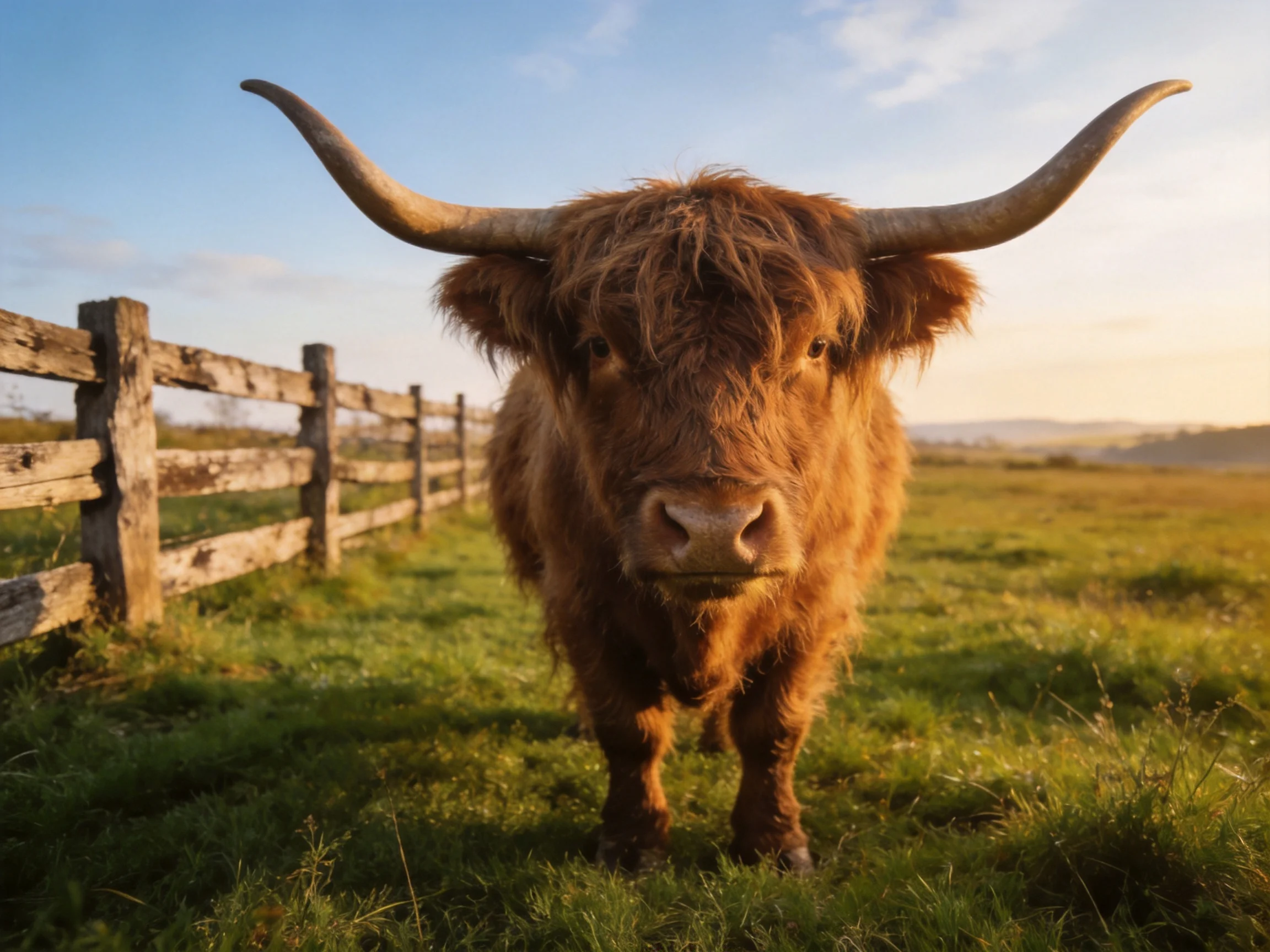 A shaggy brown Highland cow near a weathered wooden fence