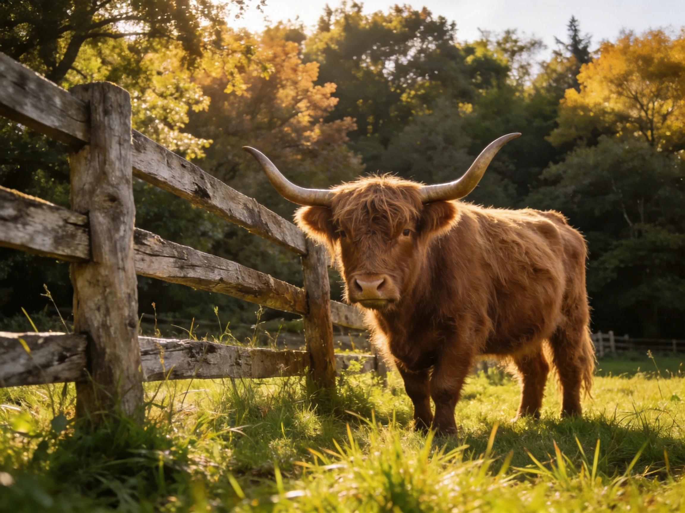 A shaggy brown Highland cow near a weathered wooden fence