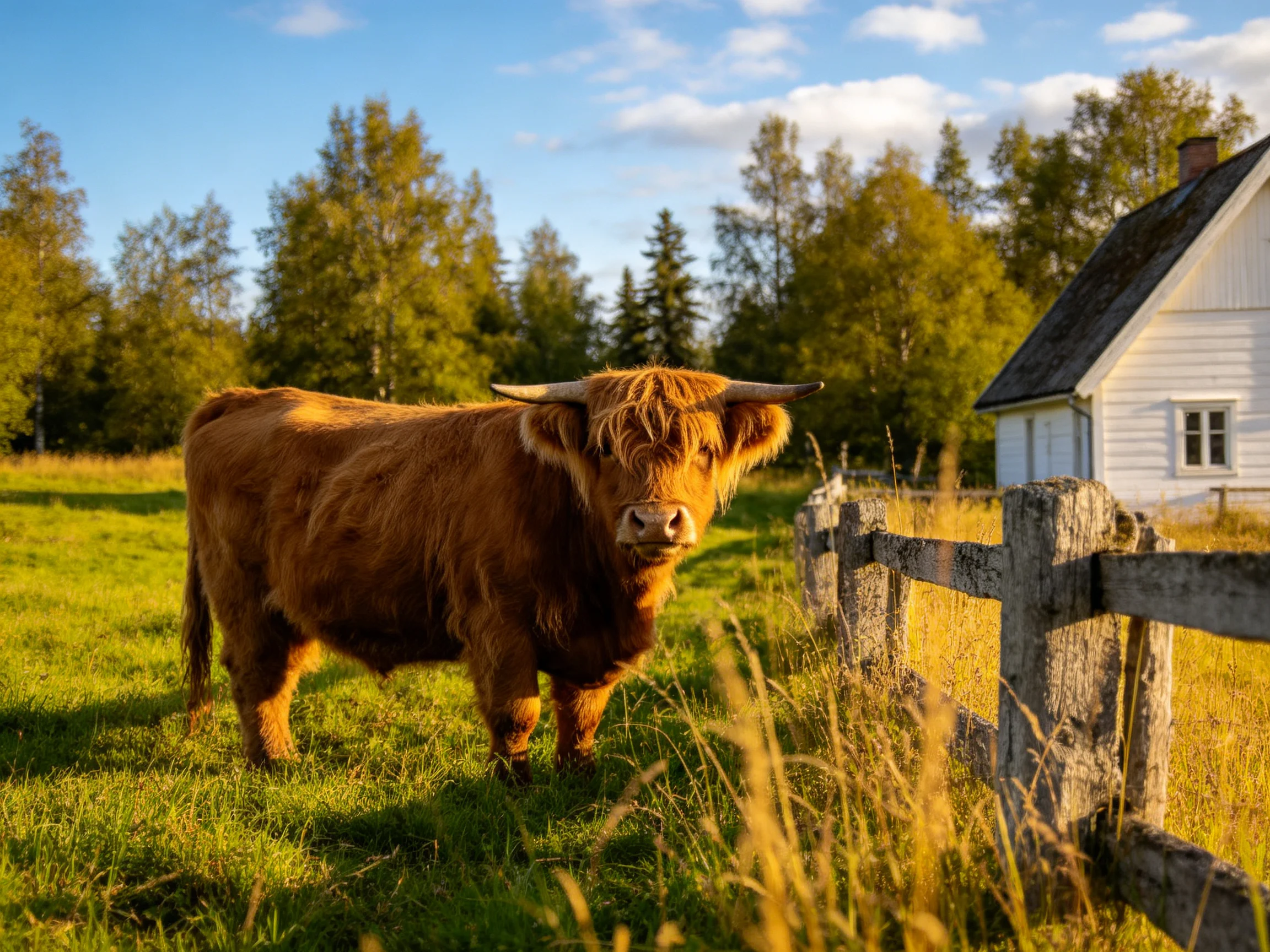 A shaggy brown Highland cow near a weathered wooden fence by a white farmhouse