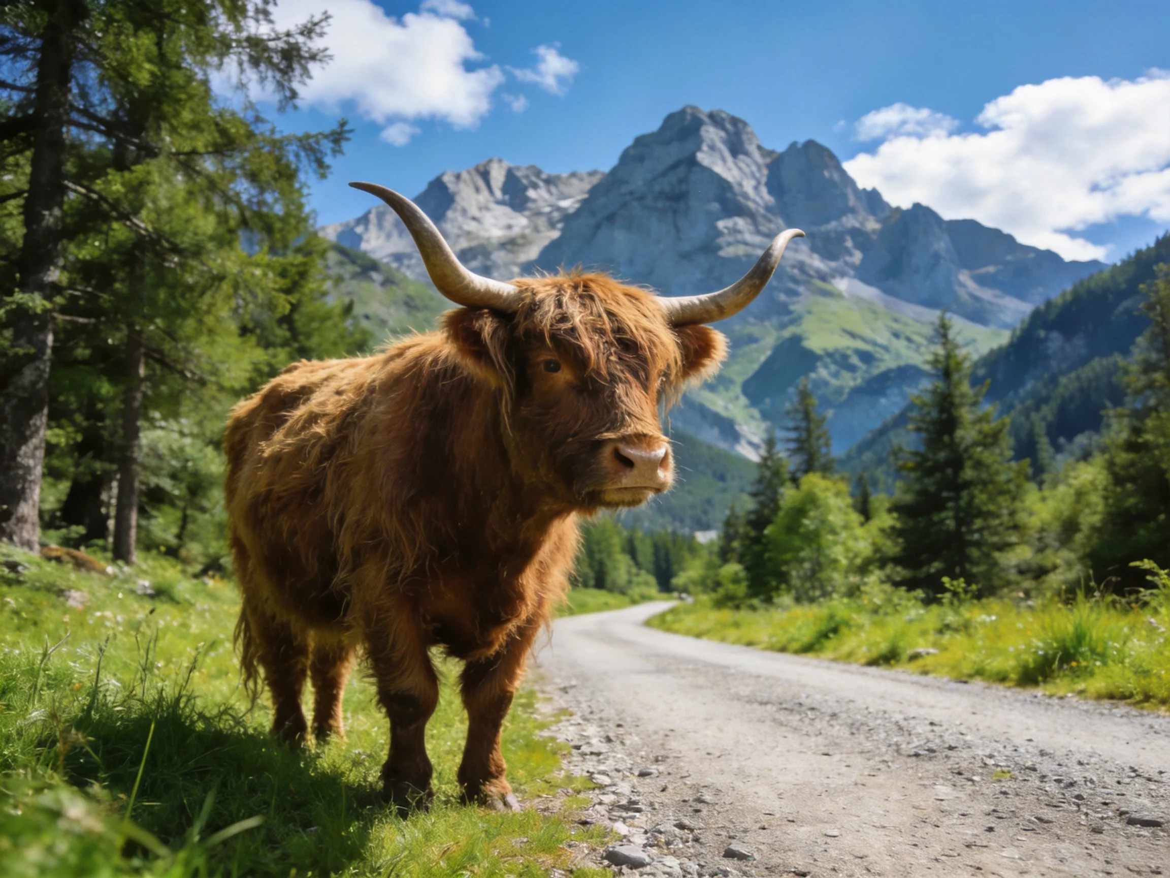 A shaggy brown Highland cow near a winding dirt path with towering mountains