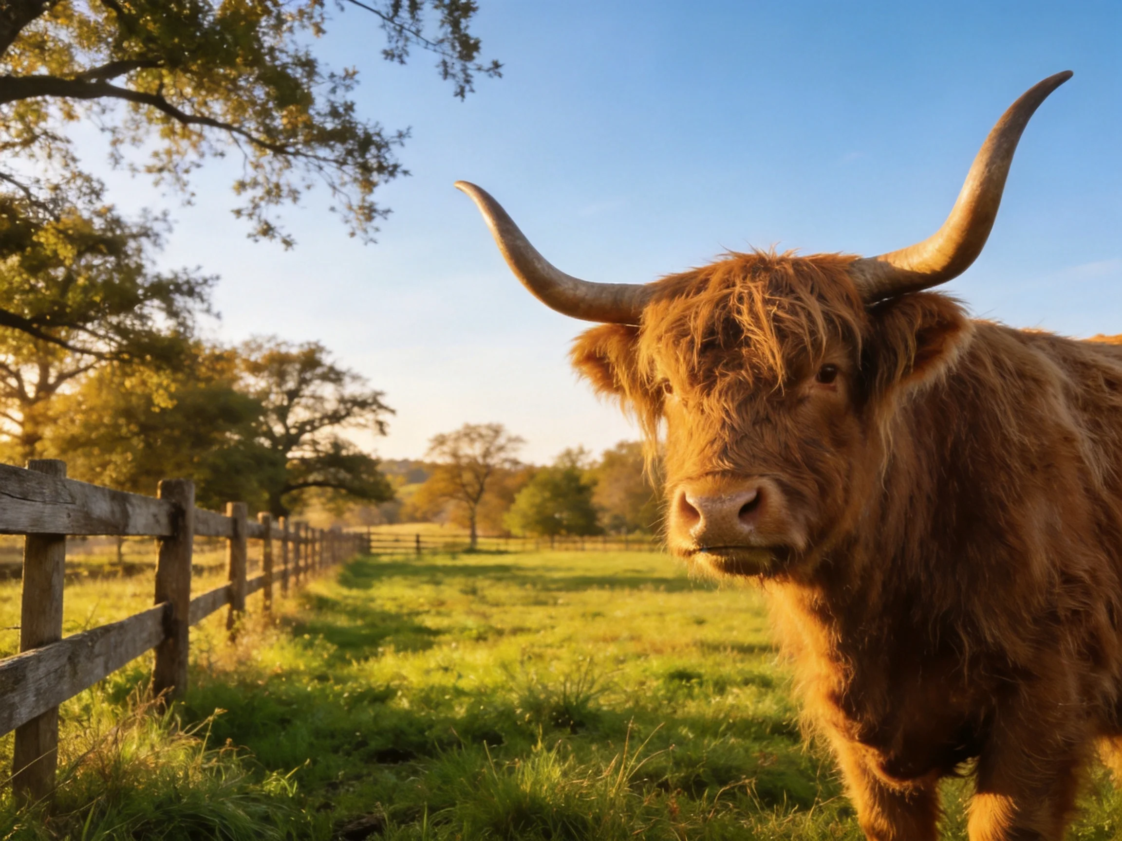 A shaggy brown Highland cow stands in a sunlit pasture with a wooden fence.