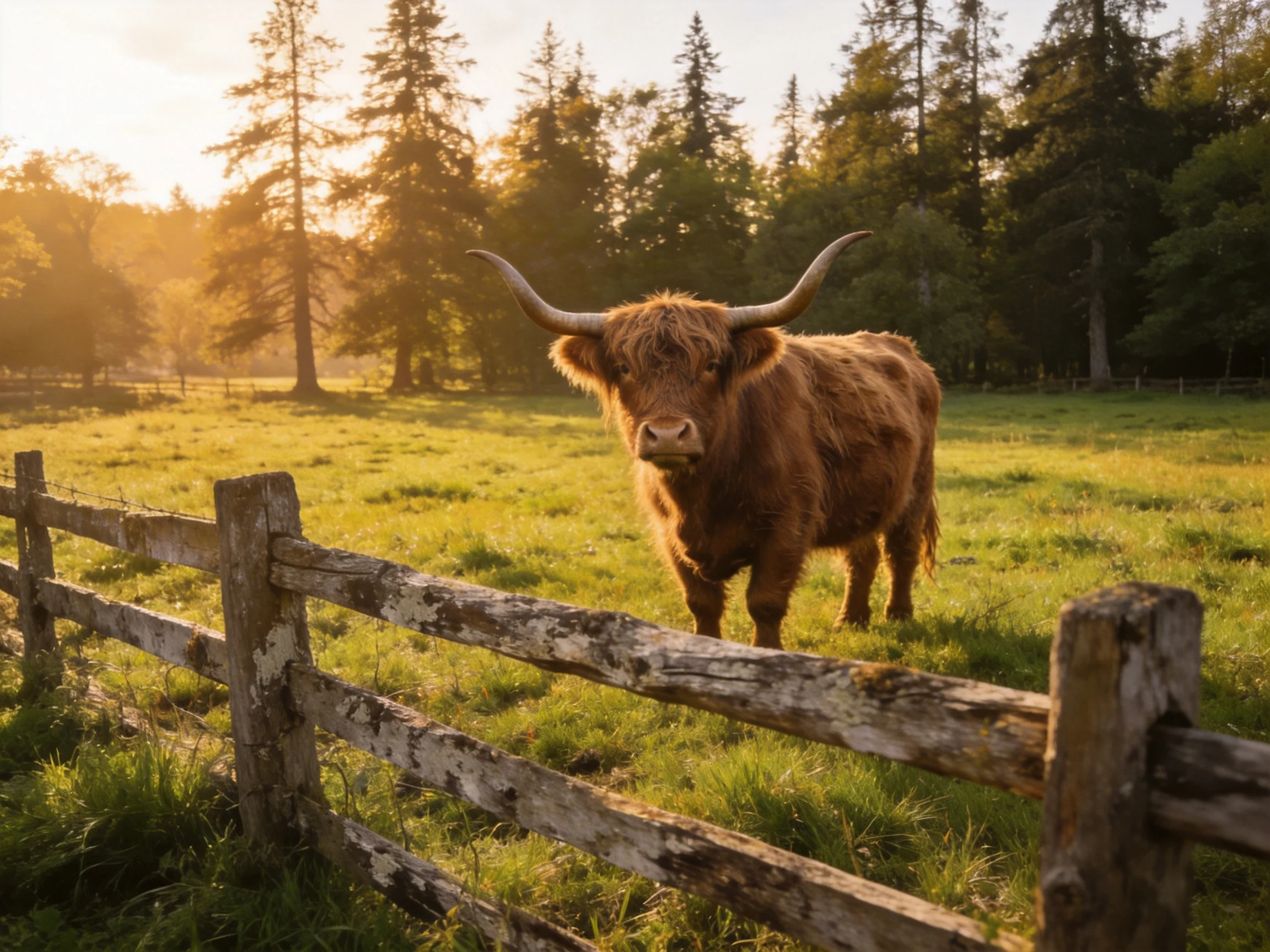 A shaggy brown Highland cow near an aged wooden fence in a sunlit meadow