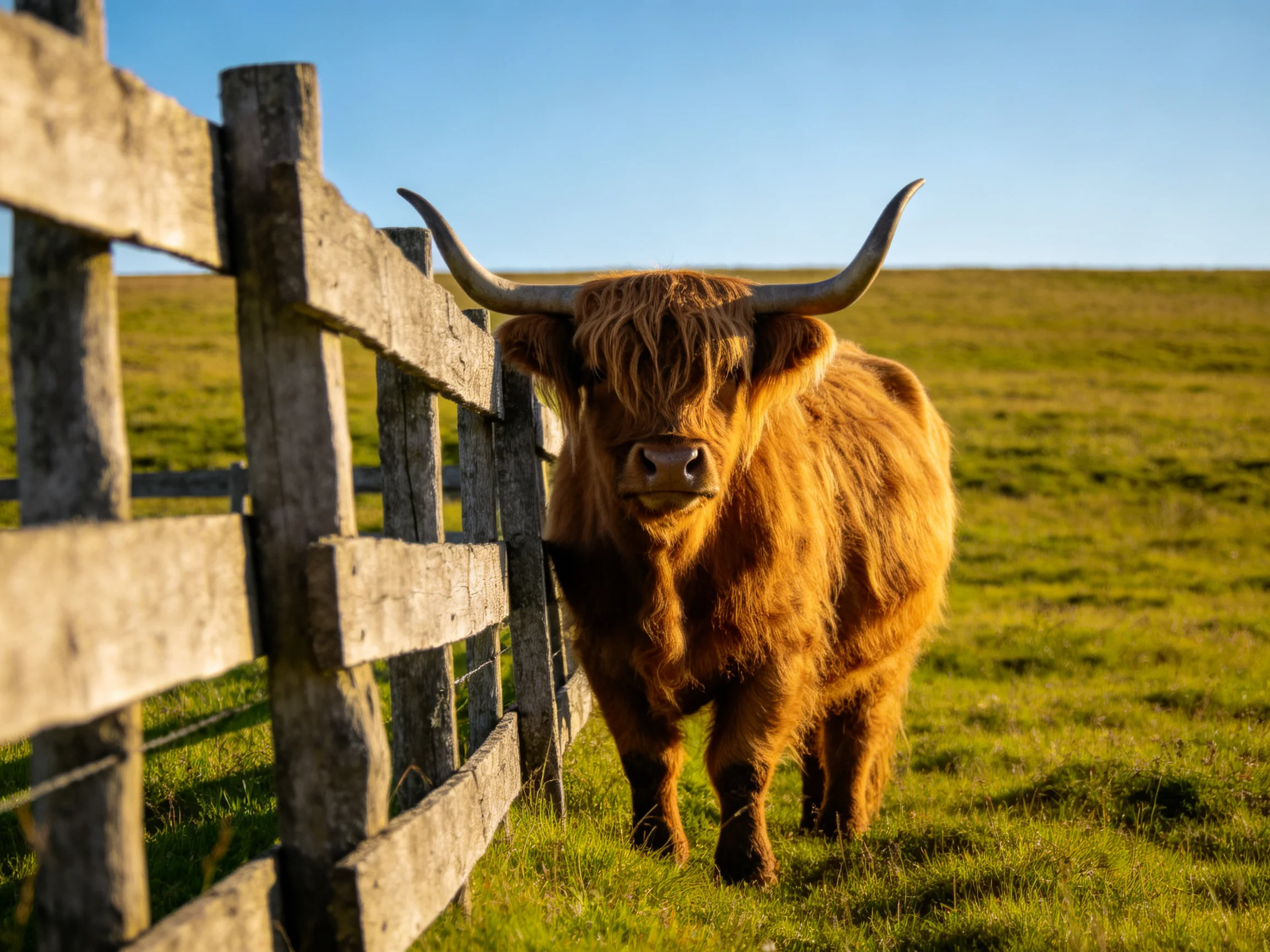 A shaggy brown Highland cow near an aged wooden fence