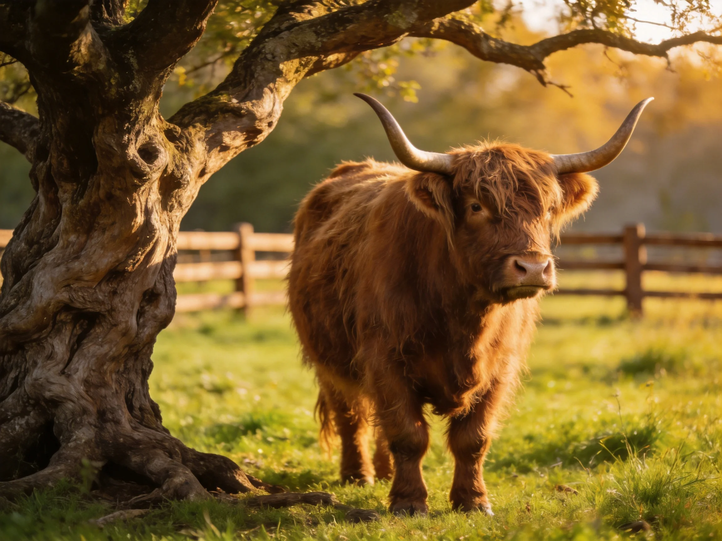 A shaggy brown Highland cow near an ancient gnarled tree