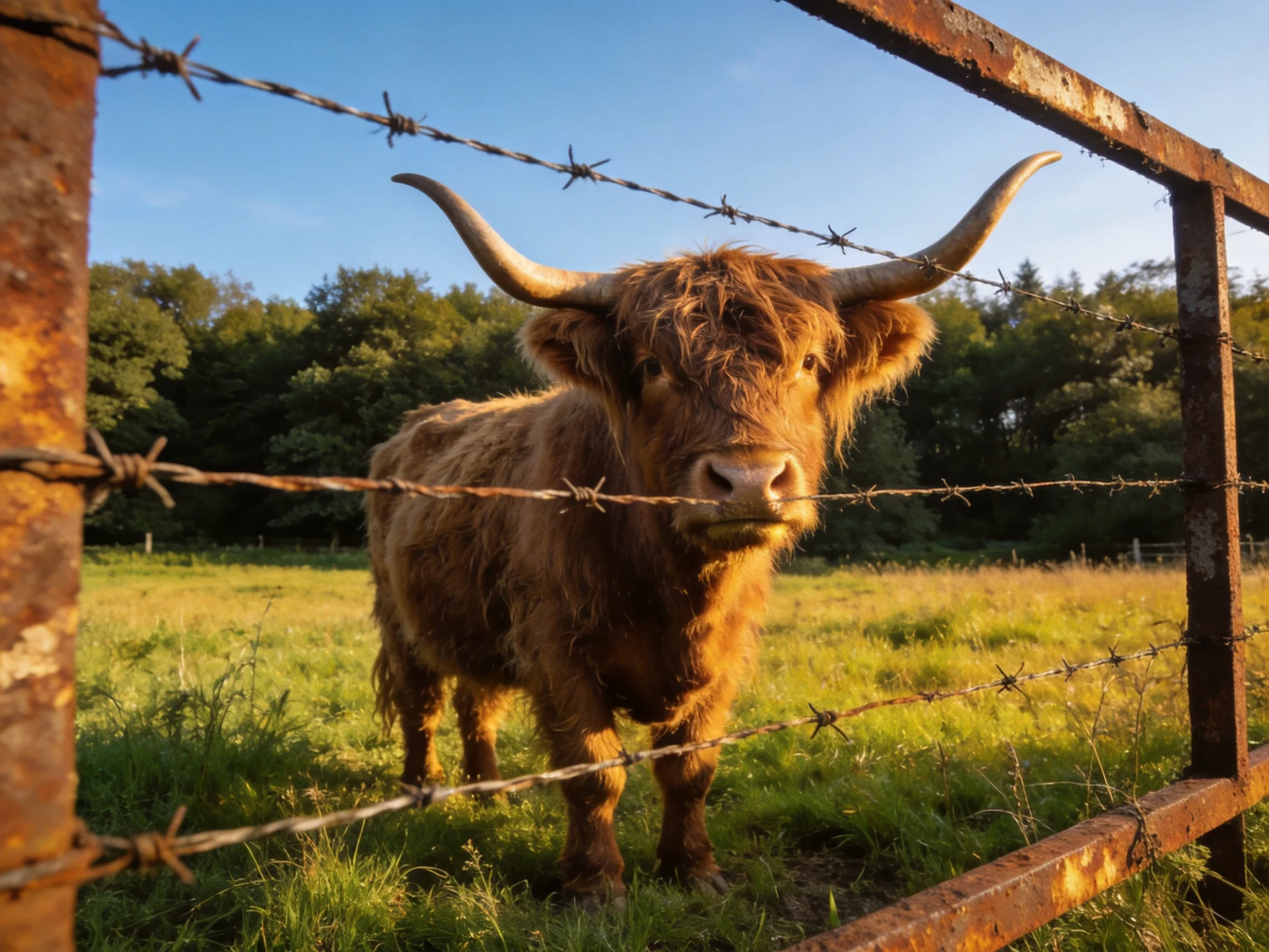 A shaggy brown Highland cow near rusty barbed wire fencing
