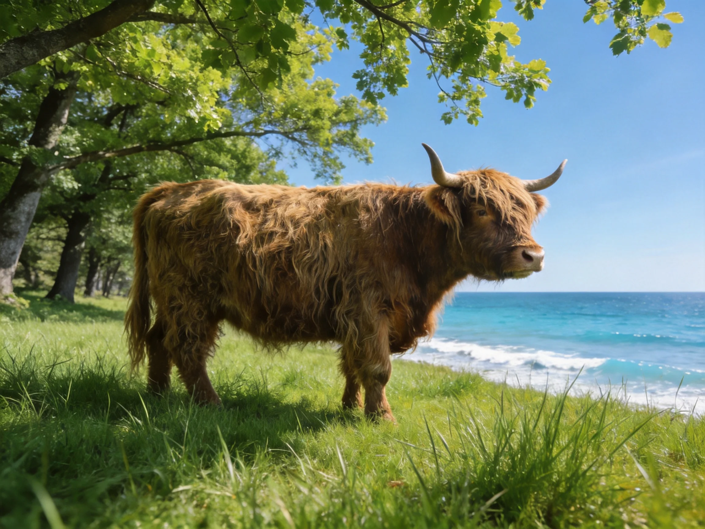 A shaggy brown Highland cow near turquoise ocean waters under leafy trees