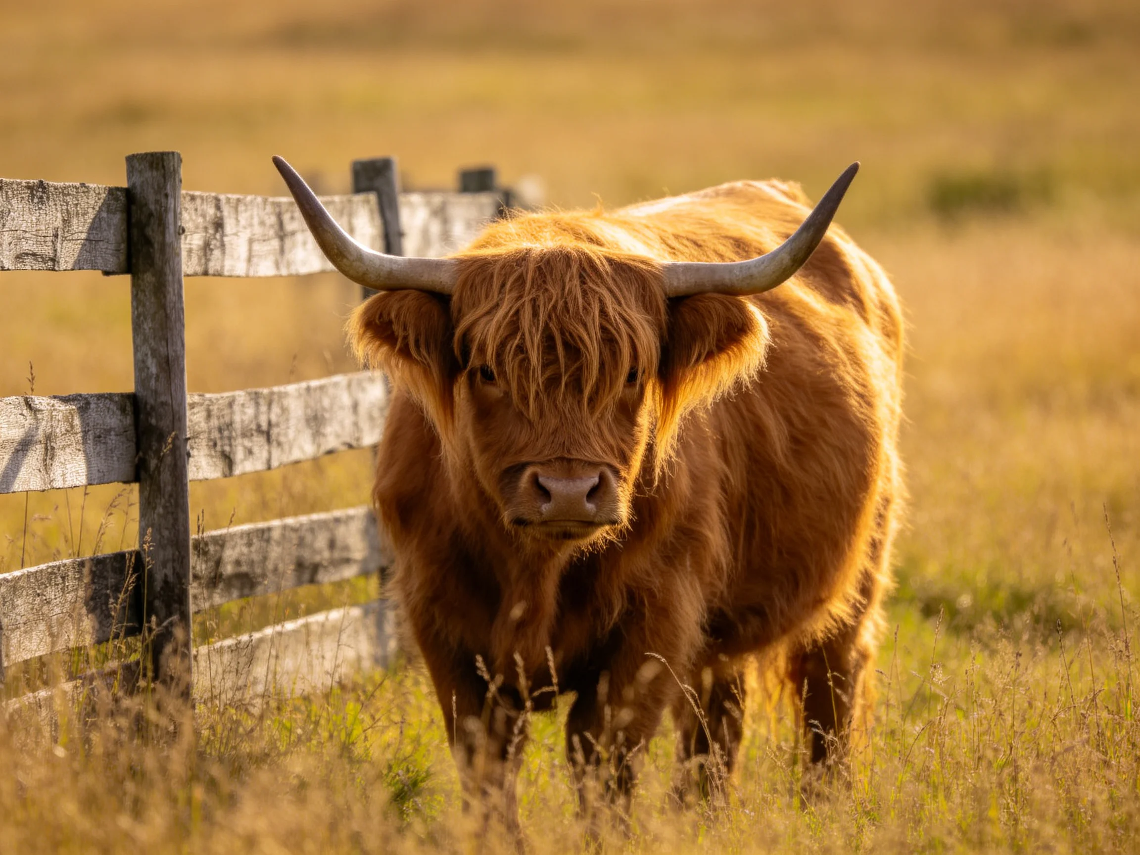 A shaggy brown Highland cow near weathered wooden fencing
