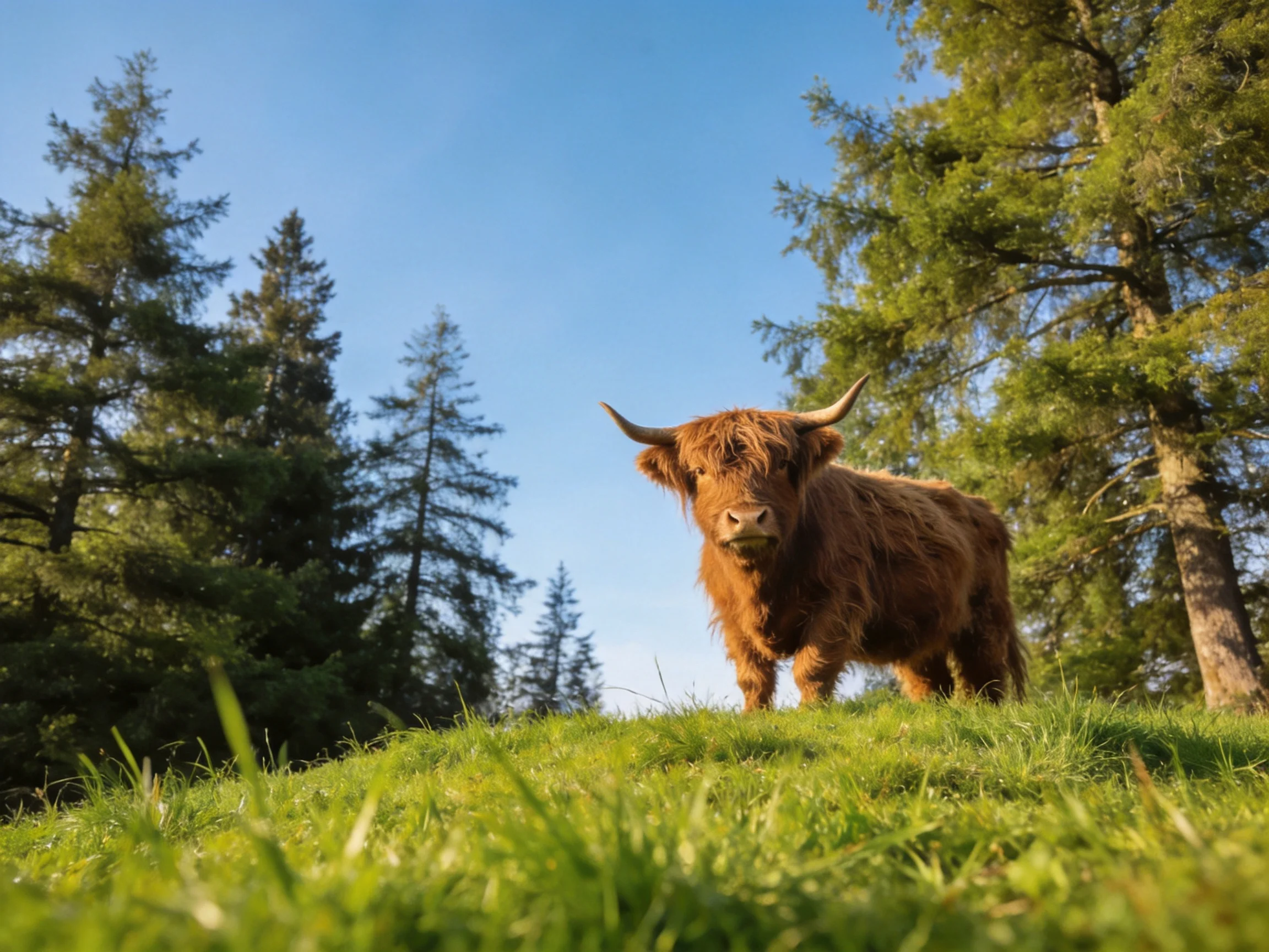 A shaggy brown Highland cow stands on a sunlit grassy hill near tall evergreen trees.