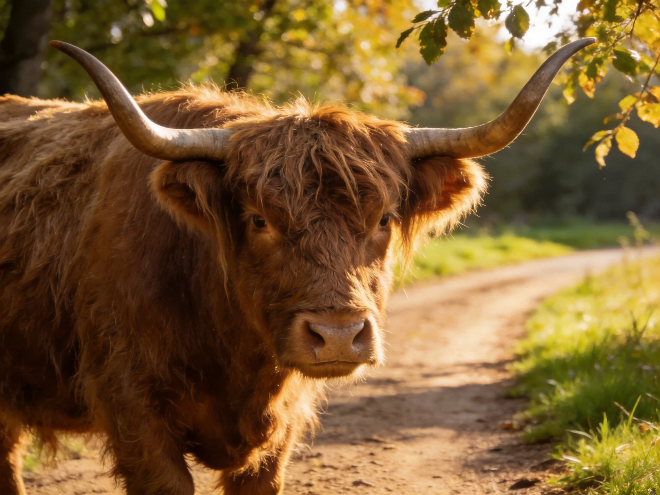 A shaggy brown Highland cow on a sunlit dirt path