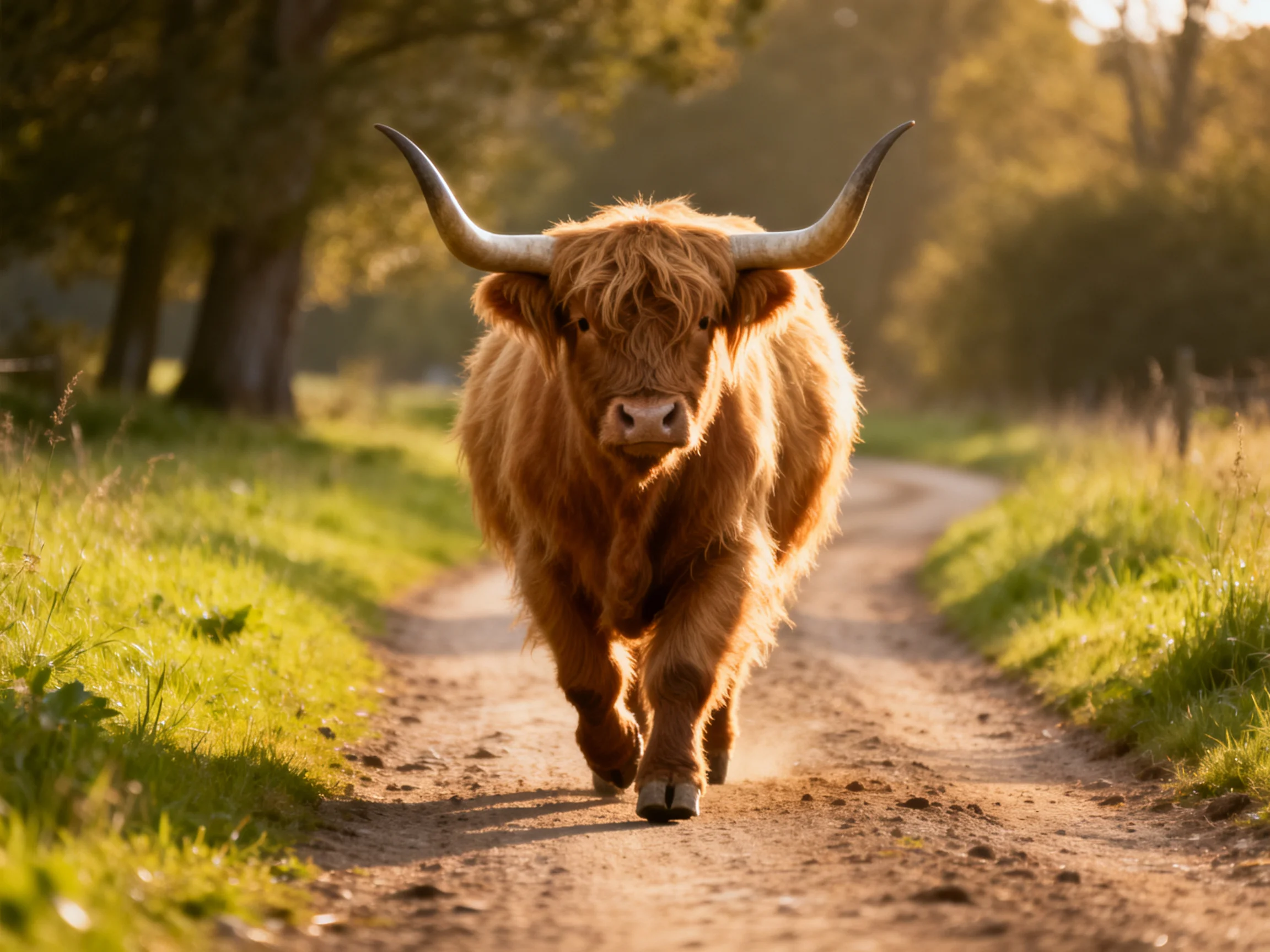 A shaggy brown Highland cow on a sunlit dirt path