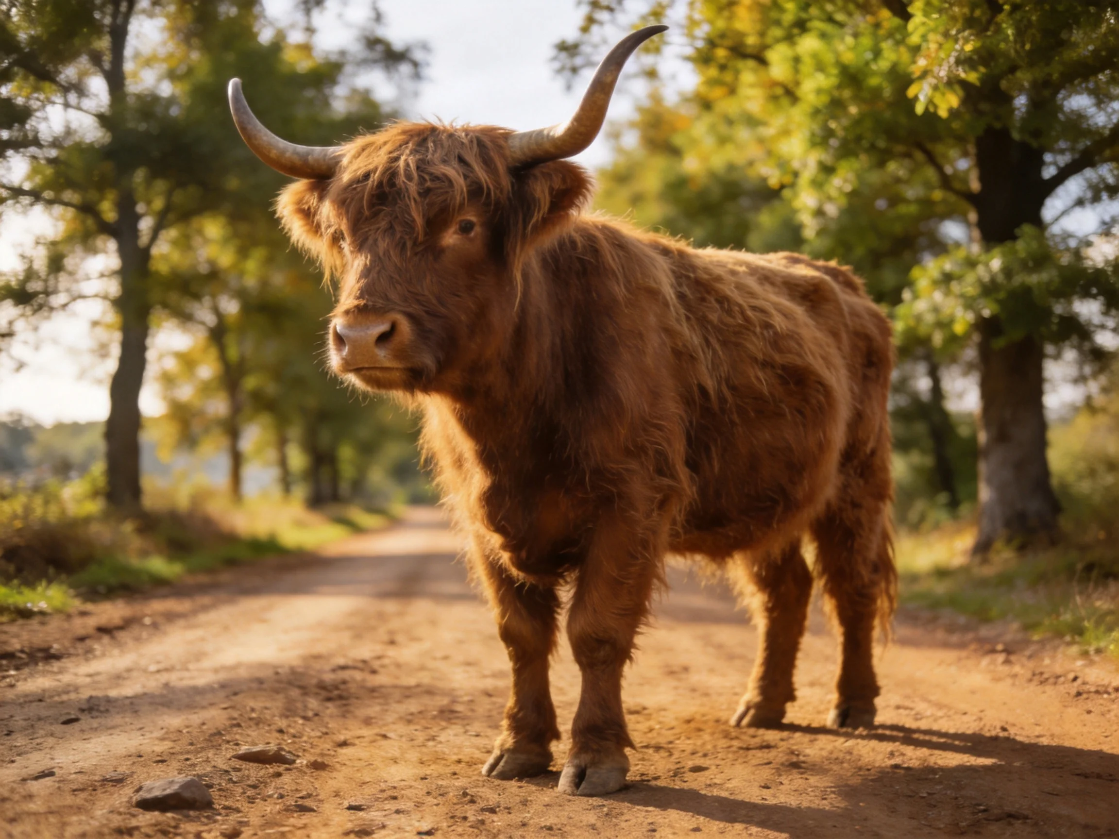A shaggy brown Highland cow on a sunlit dirt path