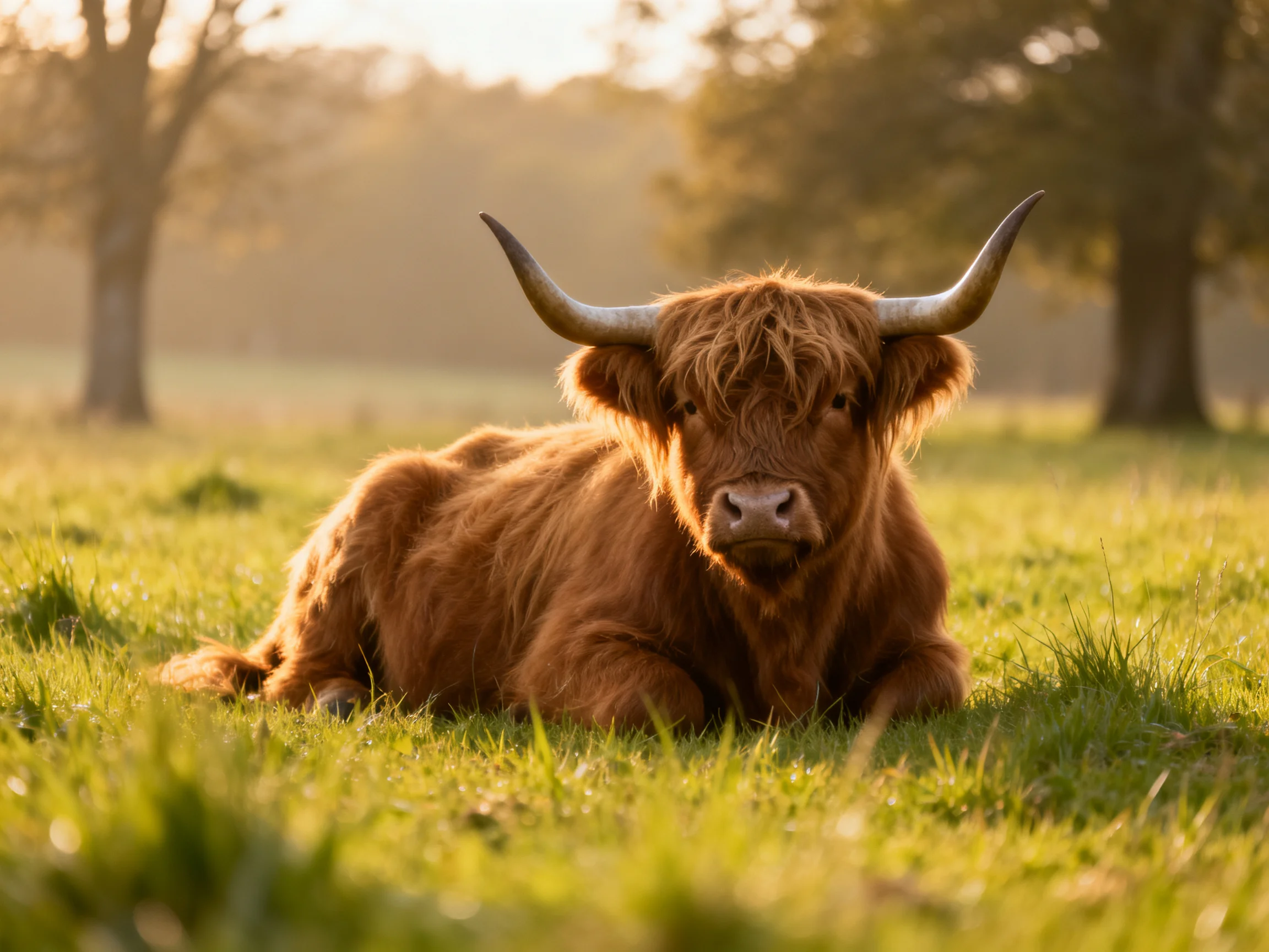 A shaggy brown Highland cow resting in a sunlit meadow