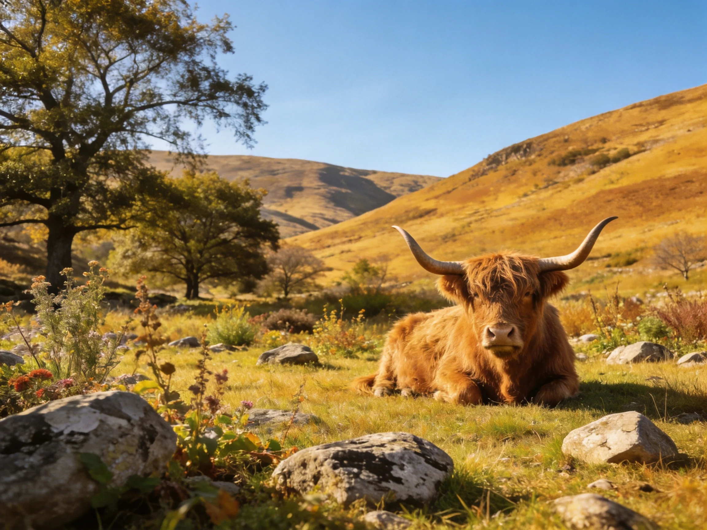 A shaggy brown Highland cow rests amid golden hills and wildflowers