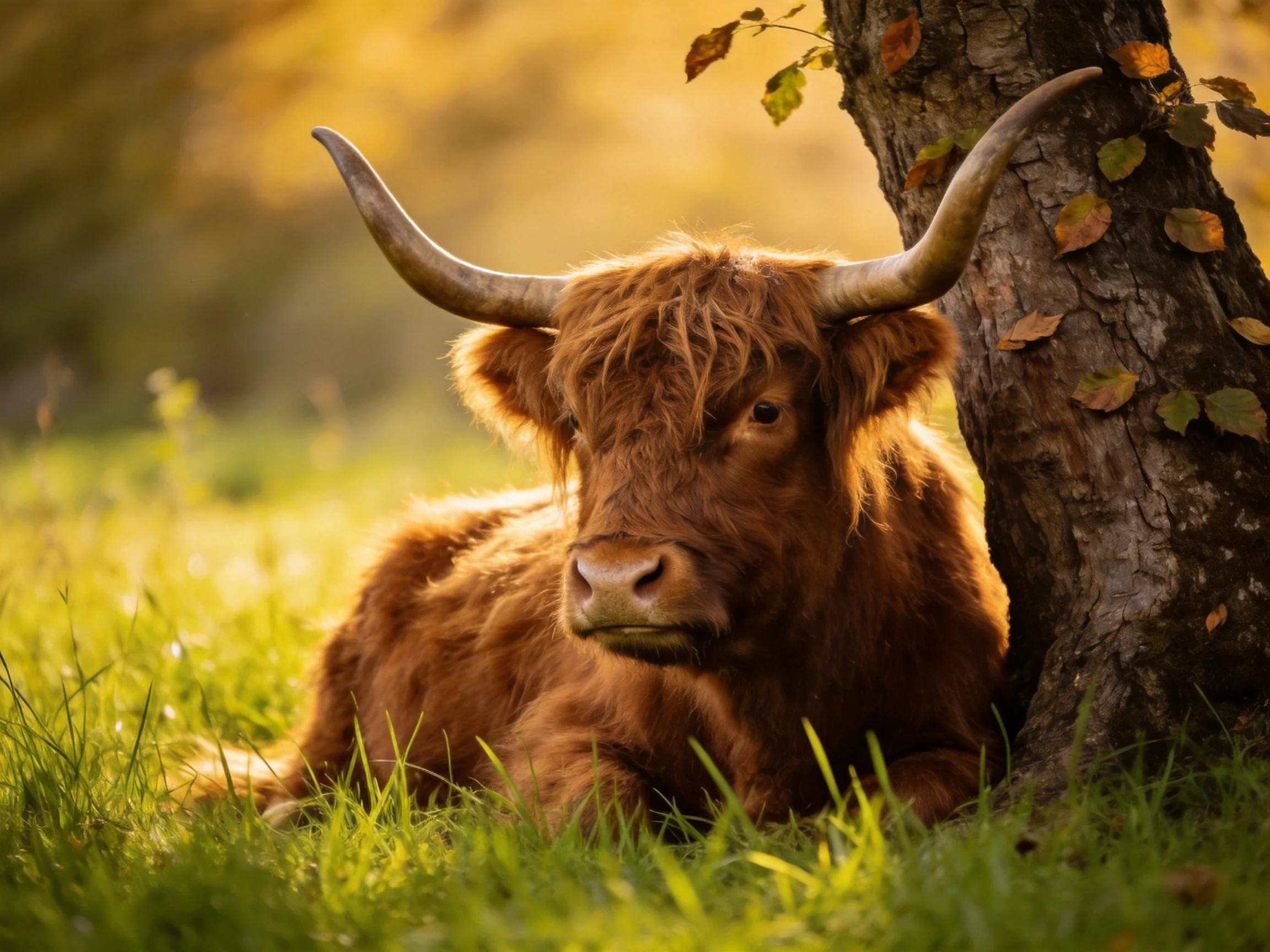 A shaggy brown Highland cow rests beside an aged tree in golden grass