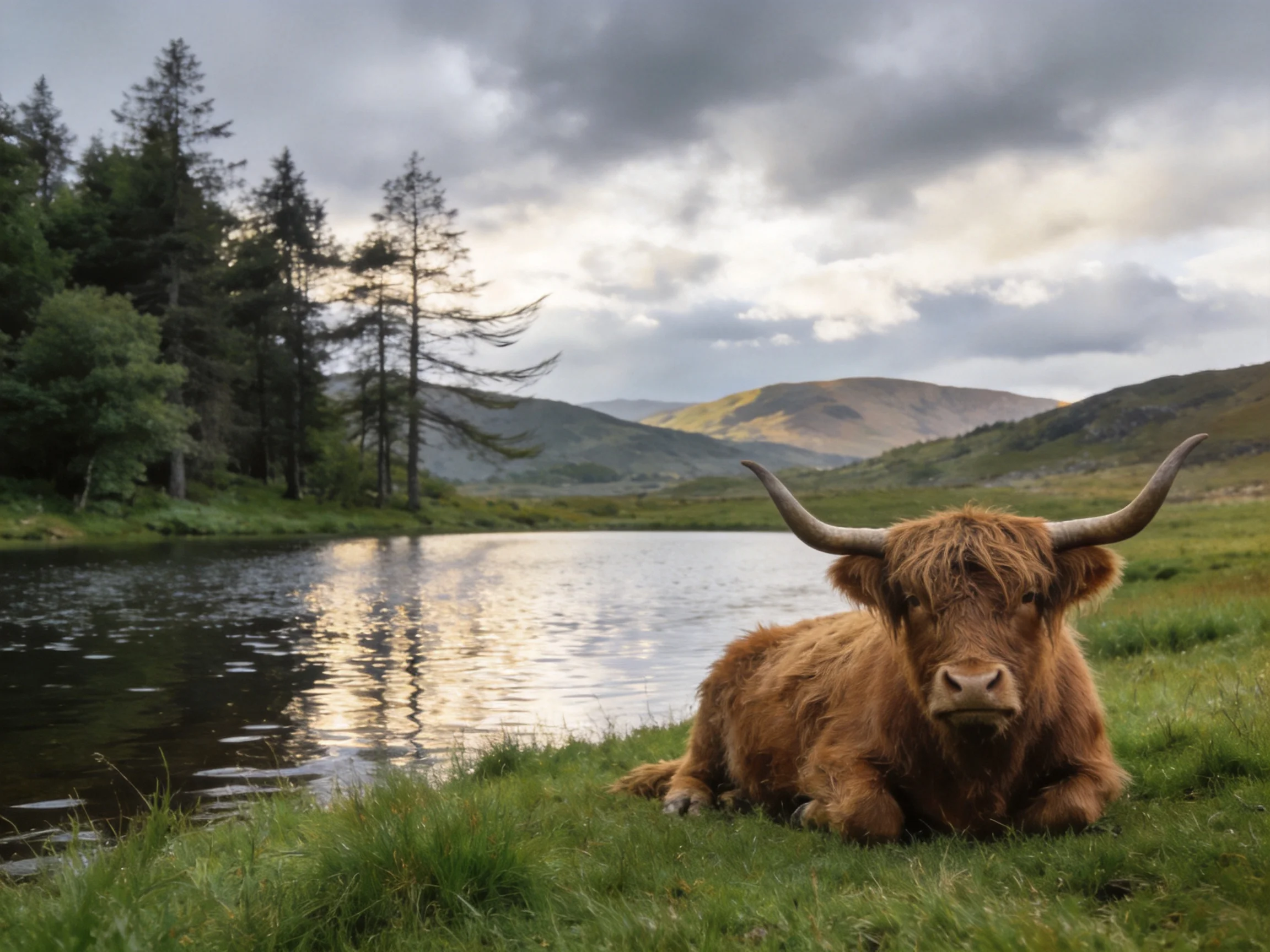 A shaggy brown Highland cow relaxes beside a calm lake with forested hills nearby.