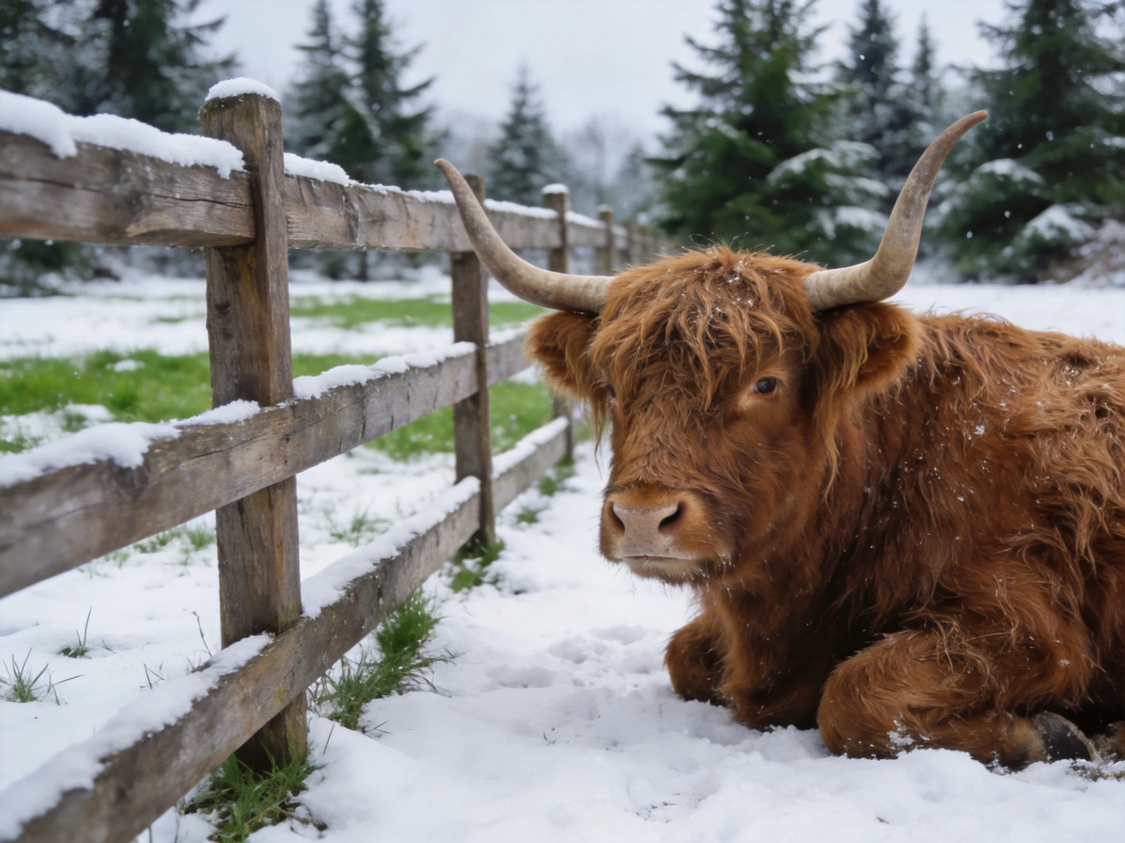 A shaggy brown Highland cow rests by a snow-dusted wooden fence