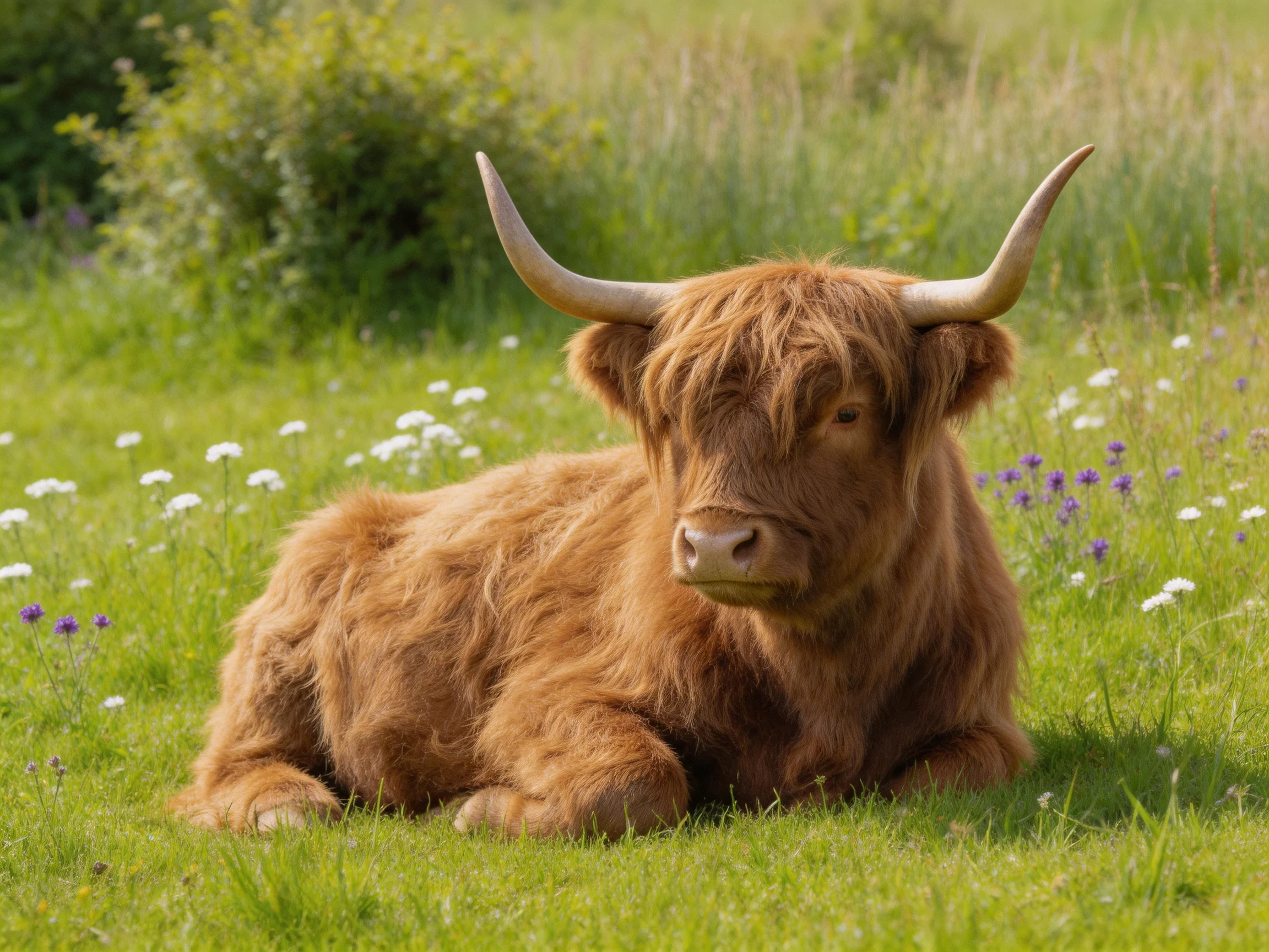 A shaggy brown Highland cow rests in a flowered meadow