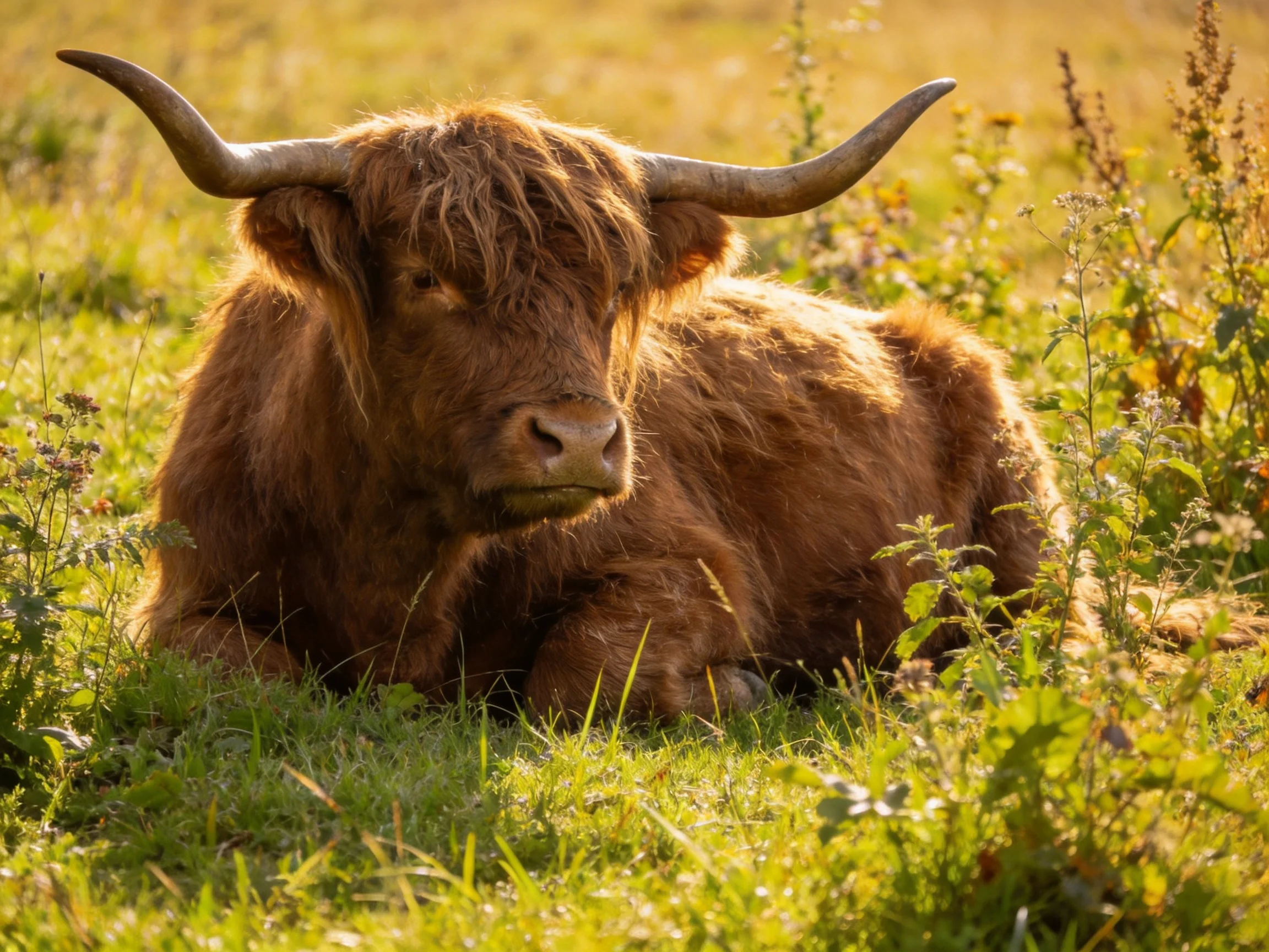 A shaggy brown Highland cow rests in a sun-drenched meadow
