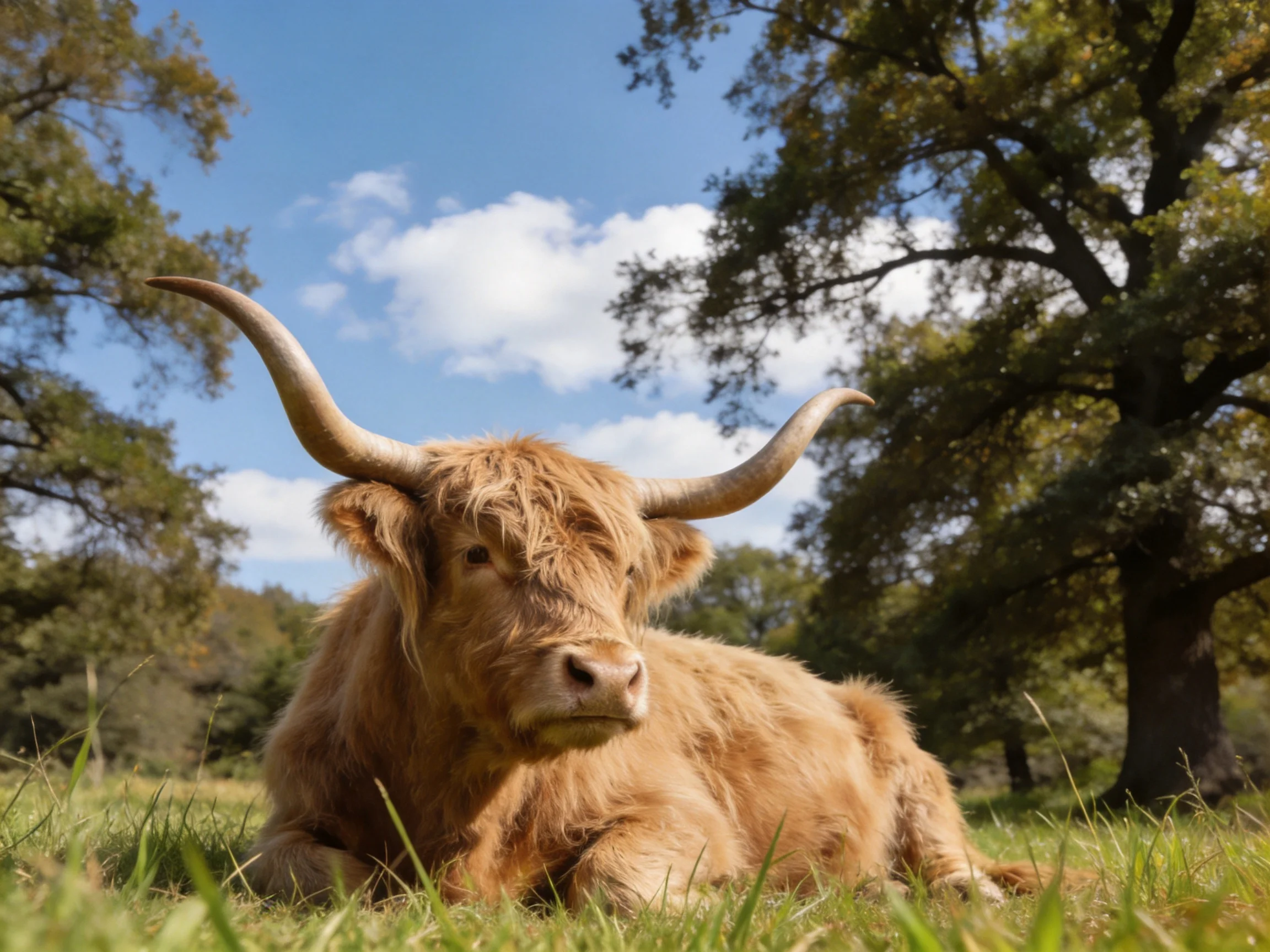 A shaggy brown Highland cow rests in a sunlit grassy meadow