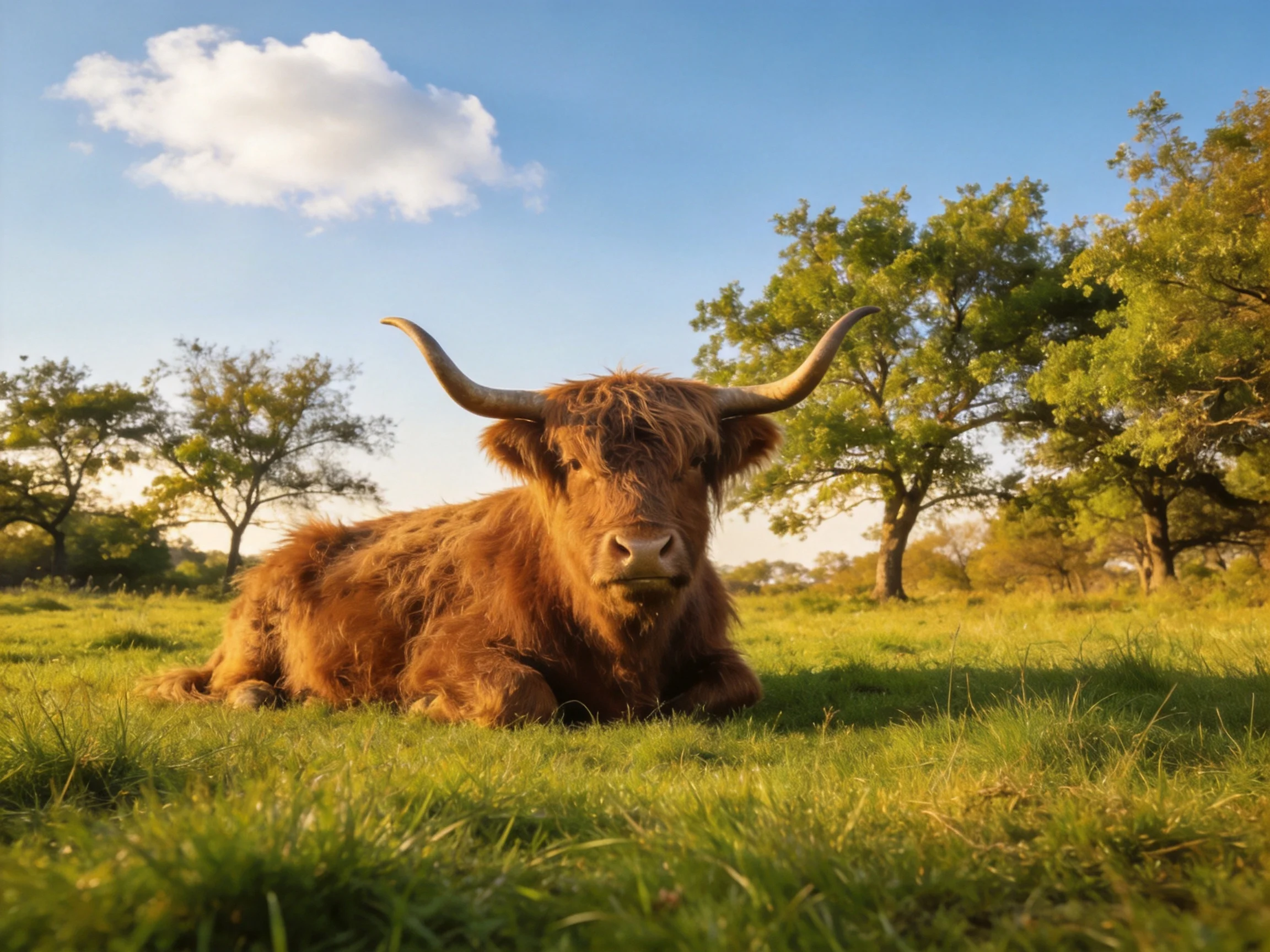 A shaggy brown Highland cow rests in a sunlit green meadow