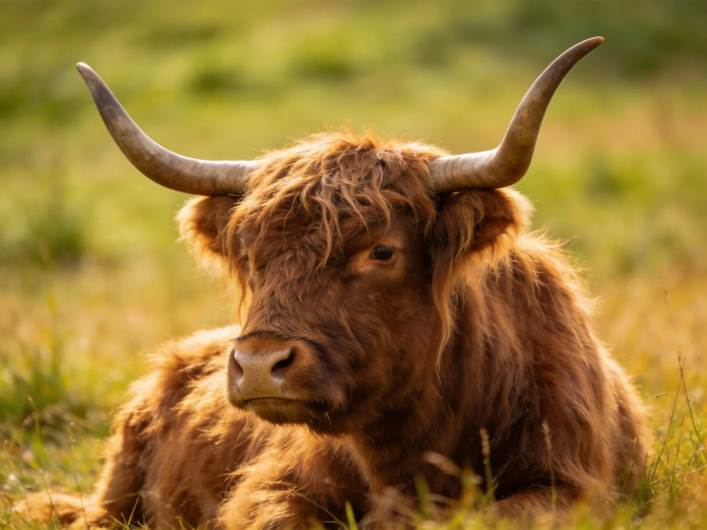 A shaggy brown Highland cow rests in a sunlit meadow