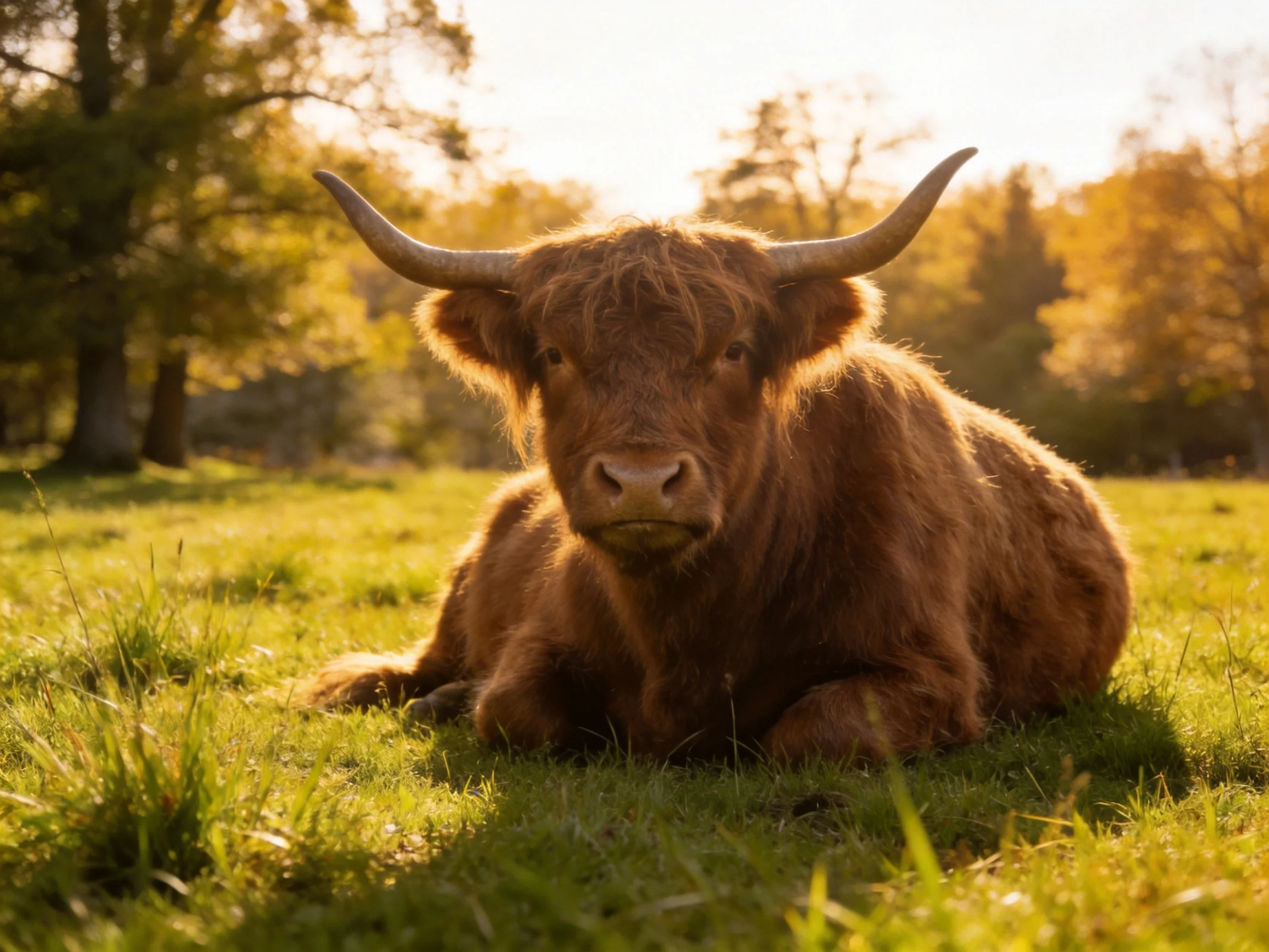 A shaggy brown Highland cow rests in a sunlit meadow