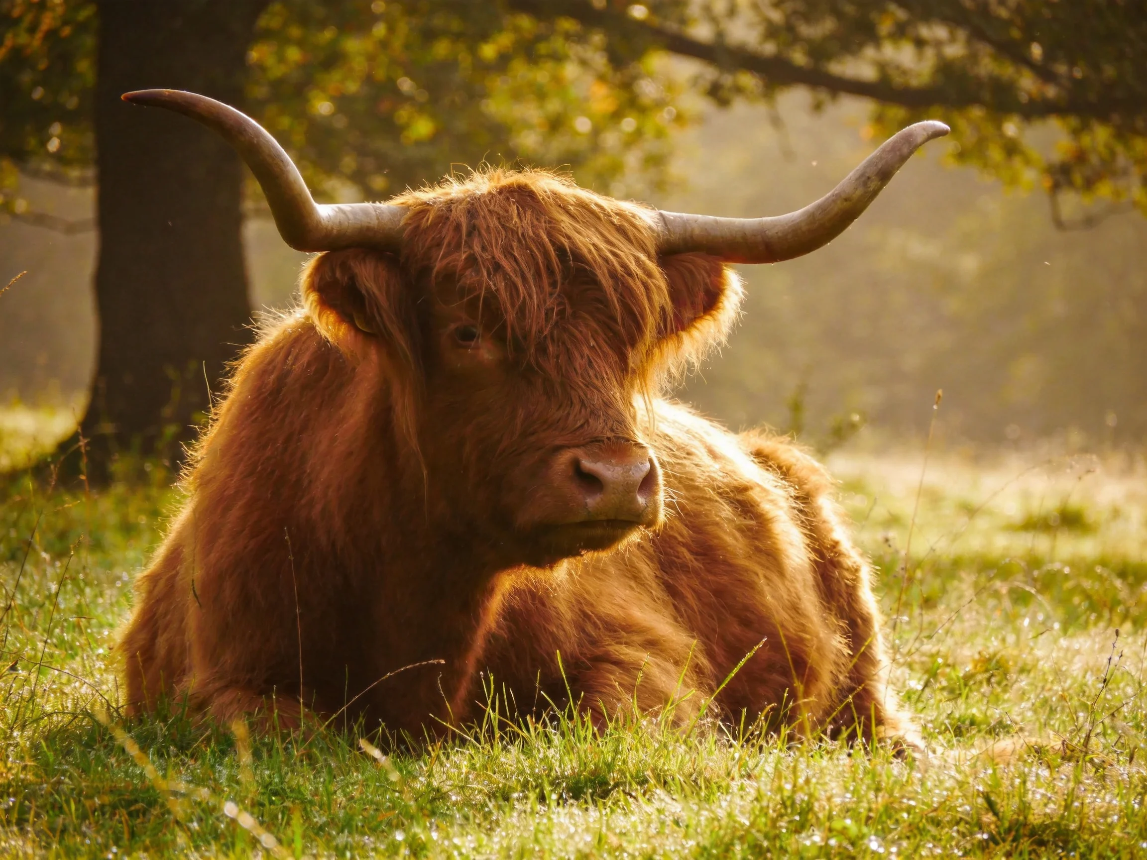 A shaggy brown Highland cow rests in a sunlit meadow