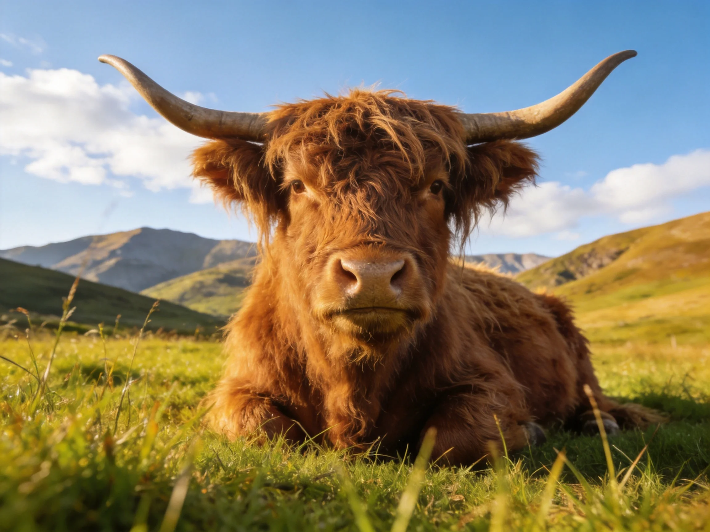 A shaggy brown Highland cow rests in a sunlit mountain meadow