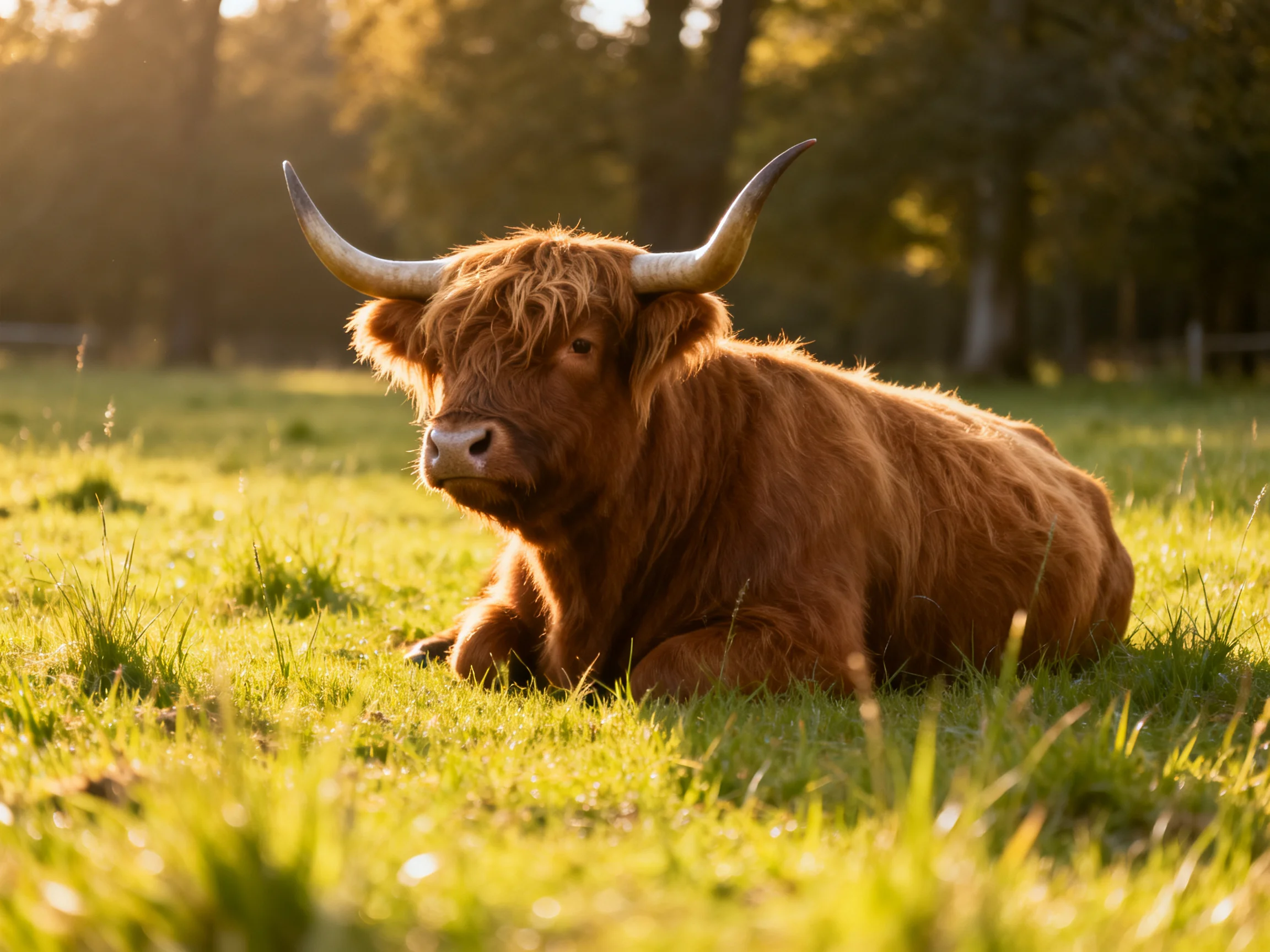 A shaggy brown Highland cow rests in sunlit green pasture
