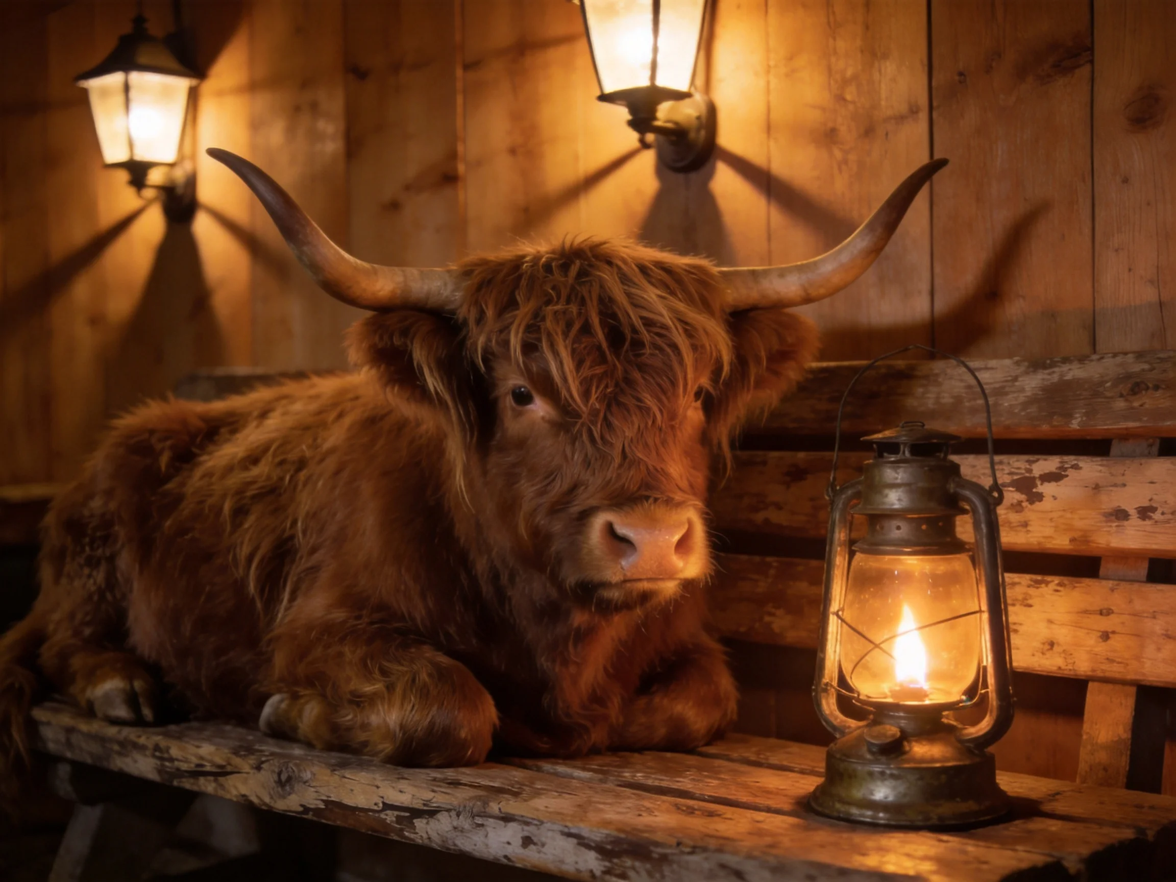 A shaggy brown Highland cow rests near vintage lanterns in a wooden structure