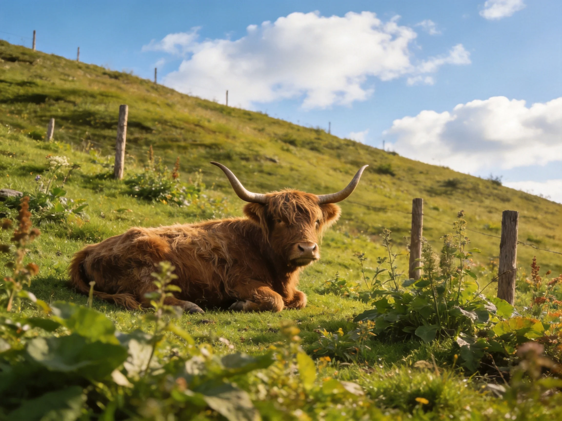 A shaggy brown Highland cow rests on a grassy hillside near wooden posts