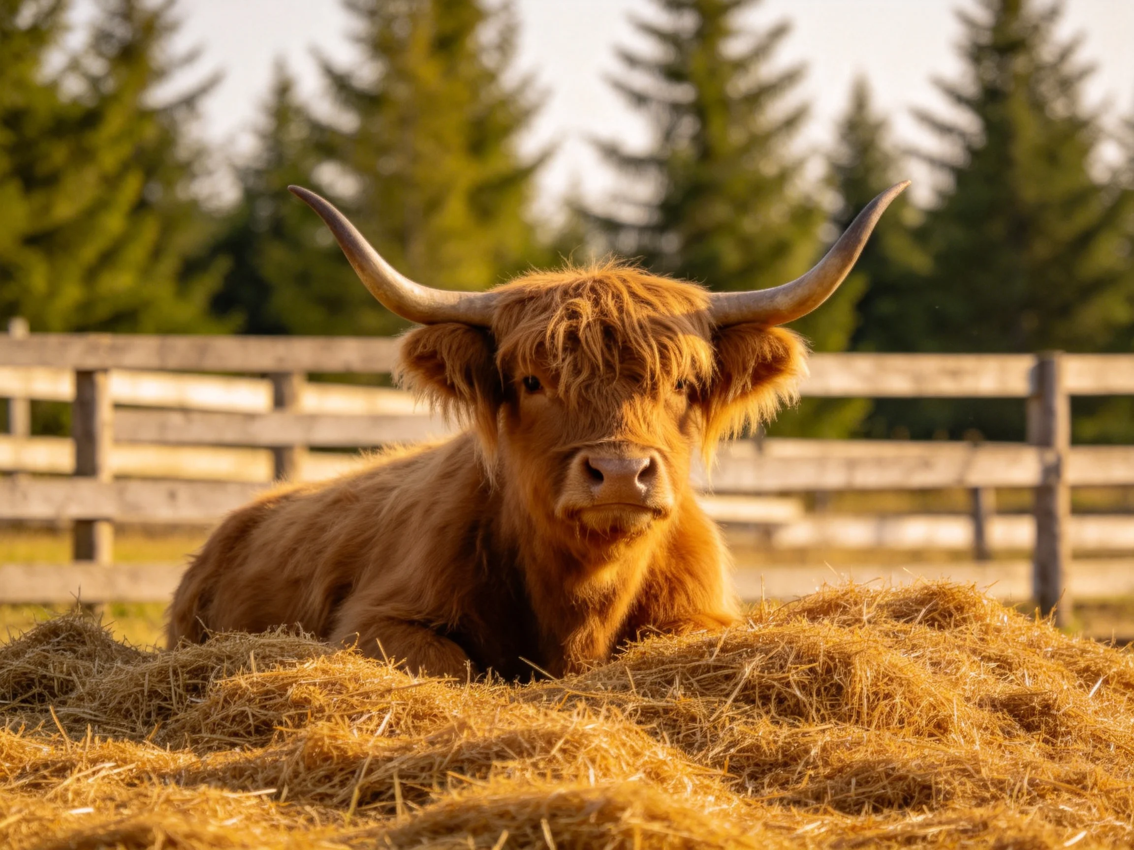 A shaggy brown Highland cow rests on golden hay near a wooden fence