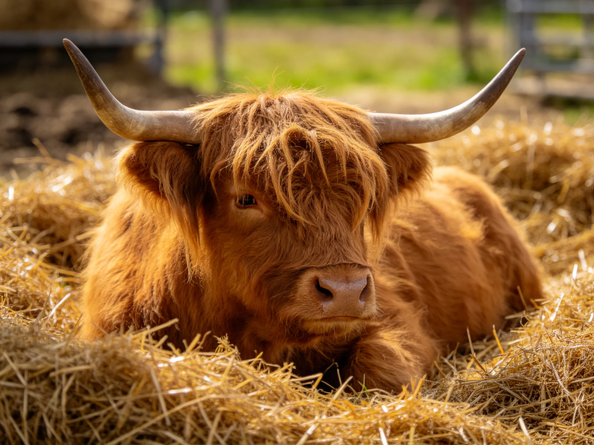 A shaggy brown Highland cow rests on golden straw in a farm setting