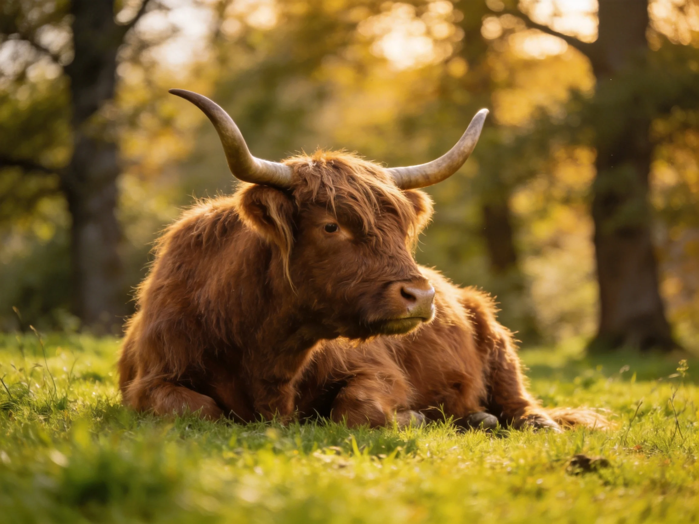 A shaggy brown Highland cow rests on sunlit grass near trees