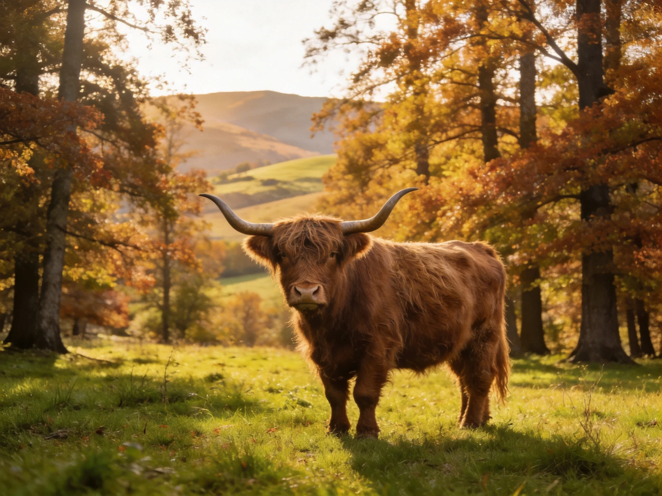 A shaggy brown Highland cow stands amid golden autumn trees