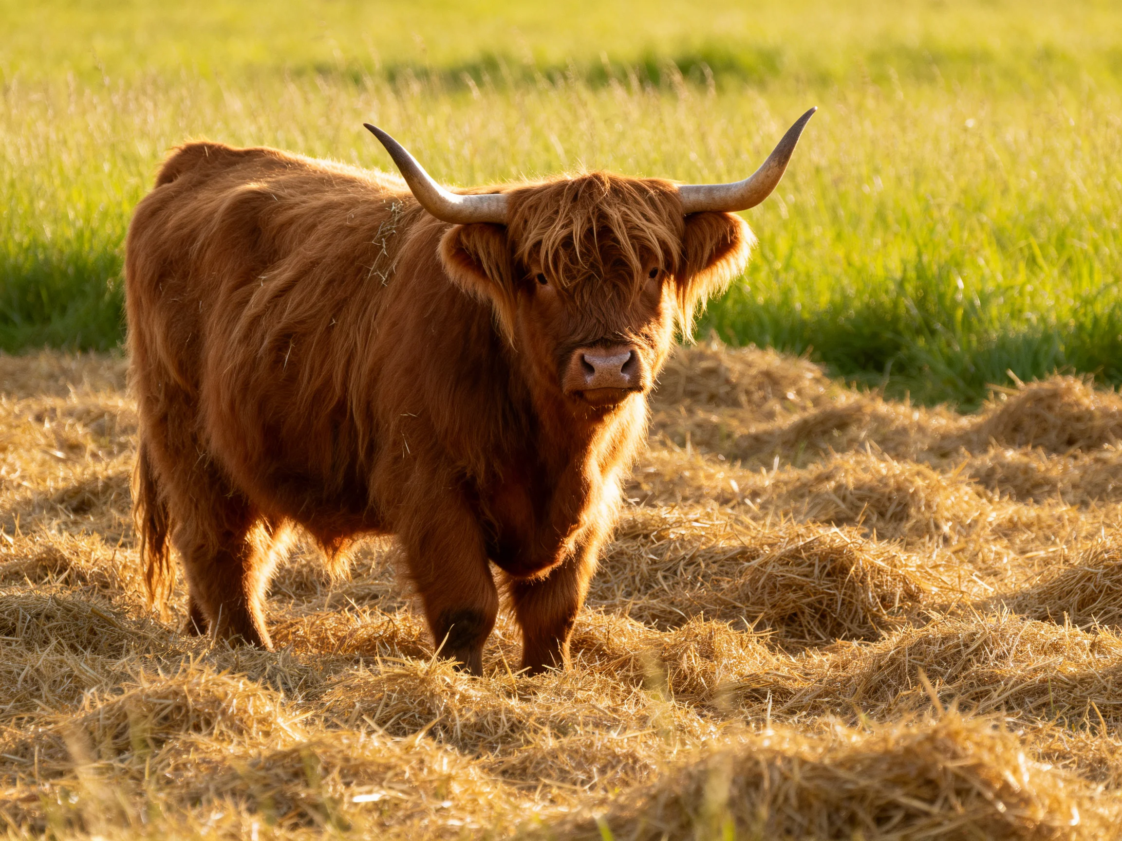 A shaggy brown Highland cow stands amid golden hay in a sunlit meadow