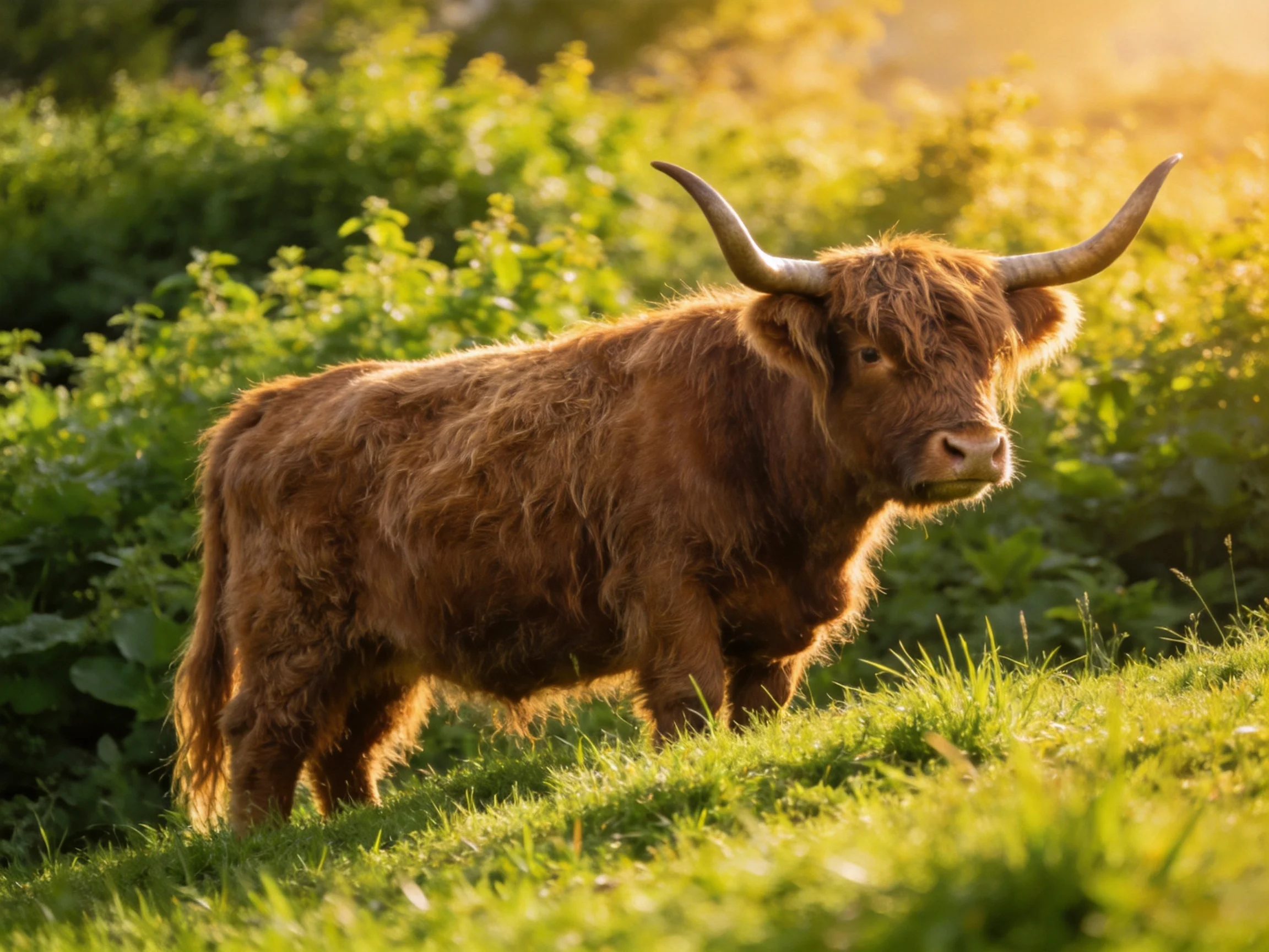 A shaggy brown Highland cow stands amid lush green foliage under golden sunlight