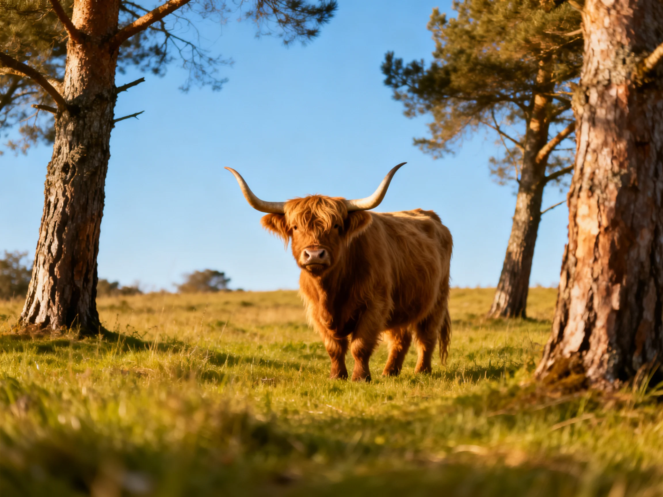 A shaggy brown Highland cow stands amid tall pine trees