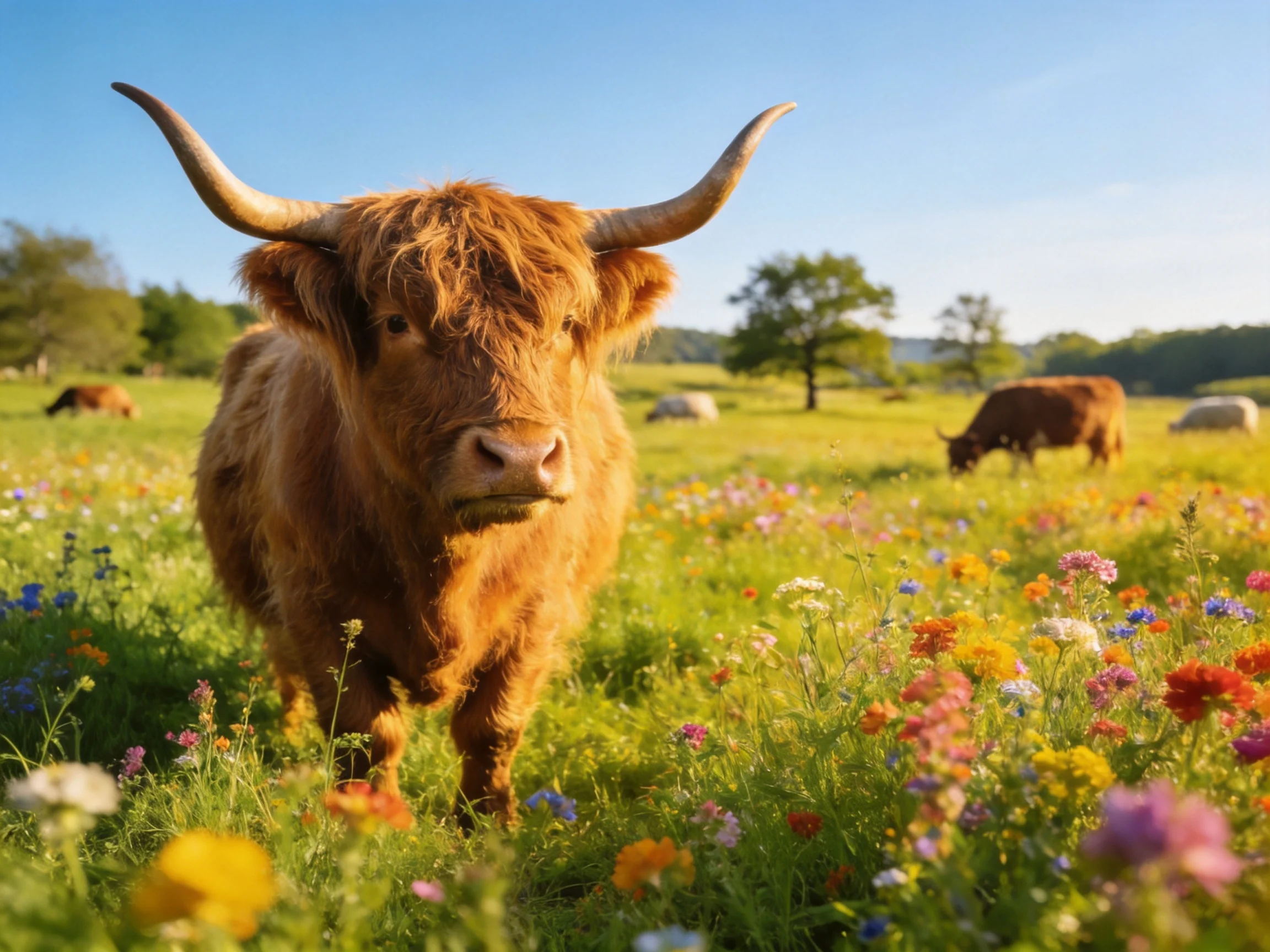 A shaggy brown Highland cow stands amid vibrant wildflowers in a sunny meadow