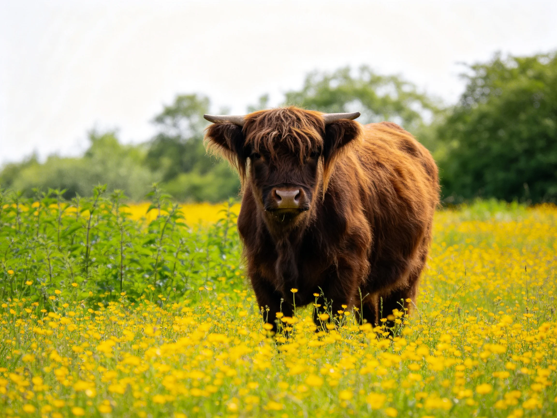 A shaggy brown Highland cow stands amid vibrant yellow wildflowers