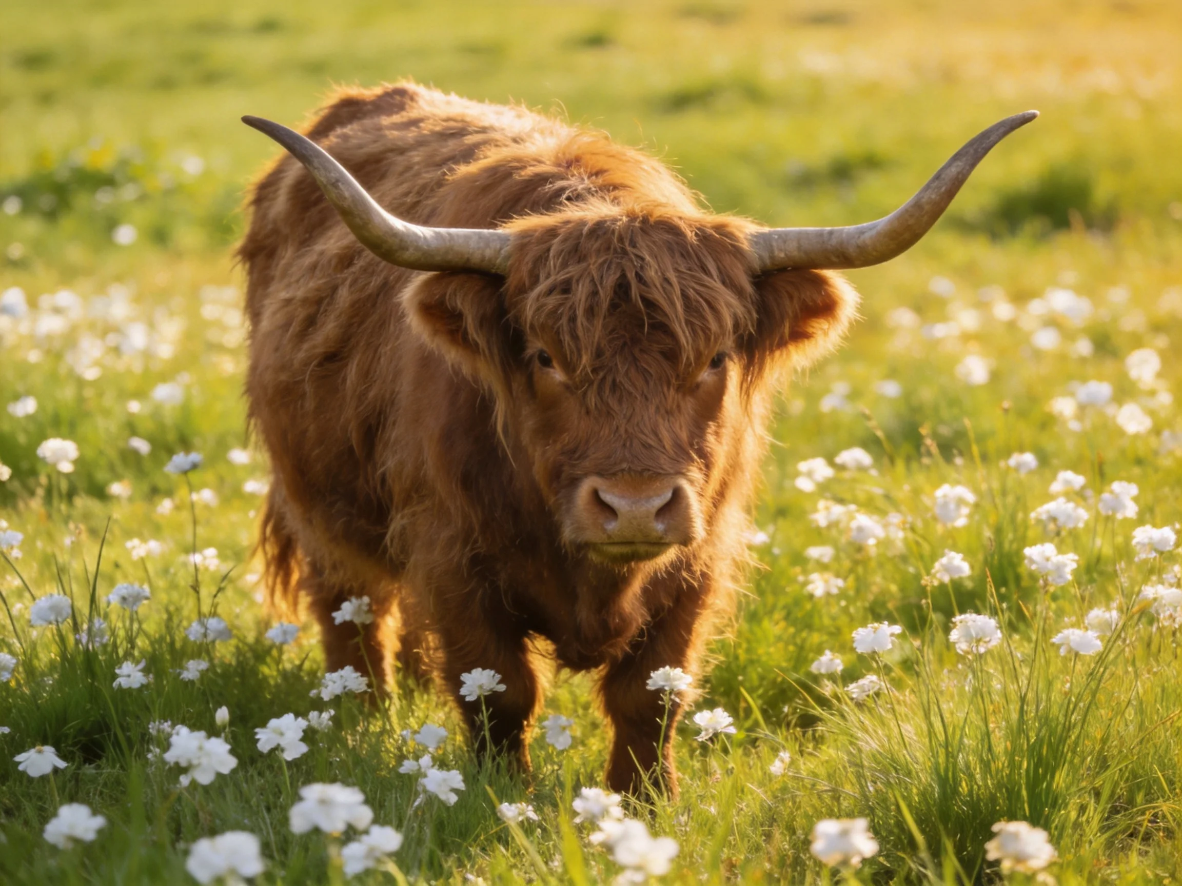 A shaggy brown Highland cow stands amid white wildflowers in a sunlit meadow