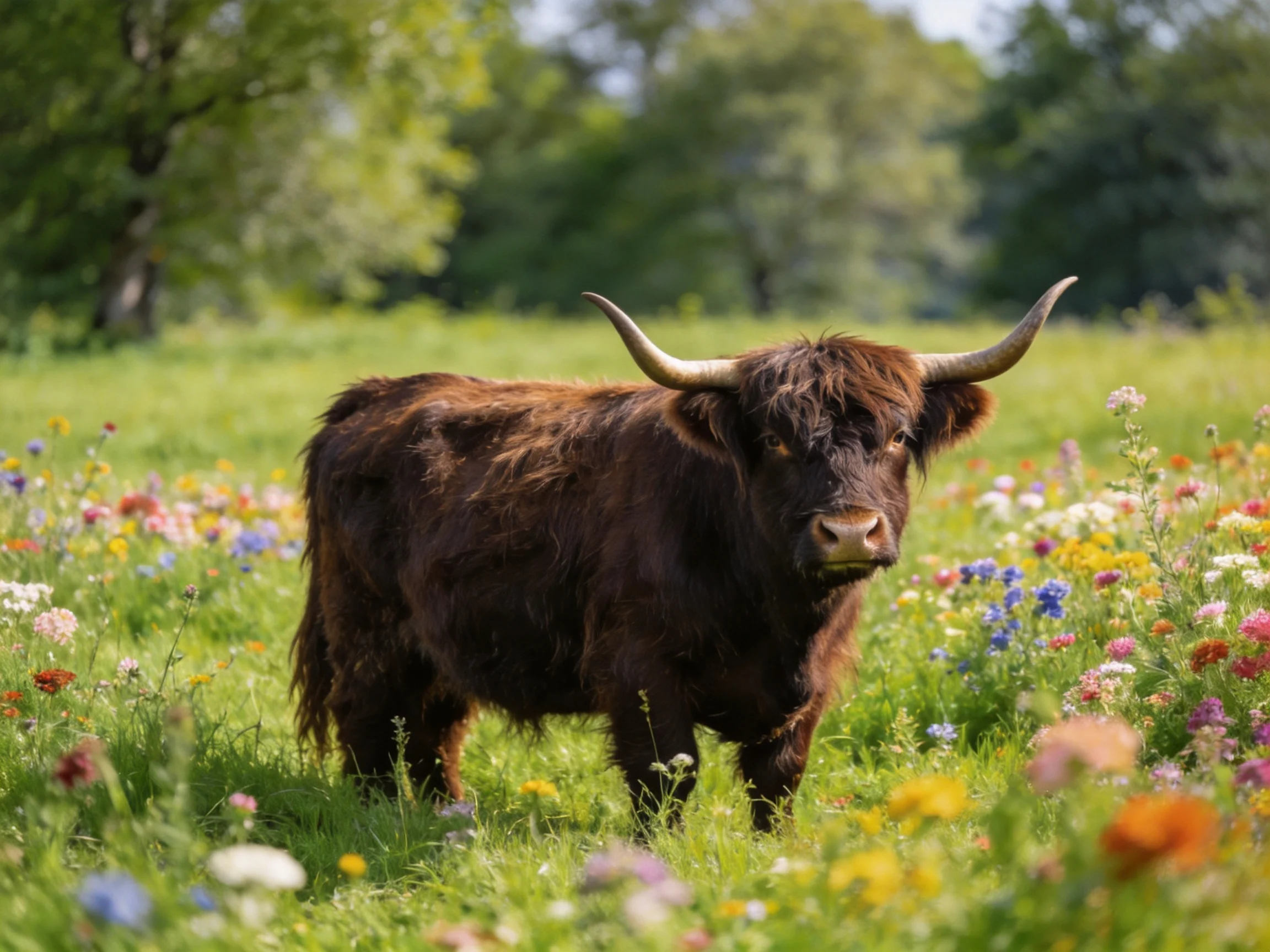 A shaggy brown Highland cow stands among colorful wildflowers