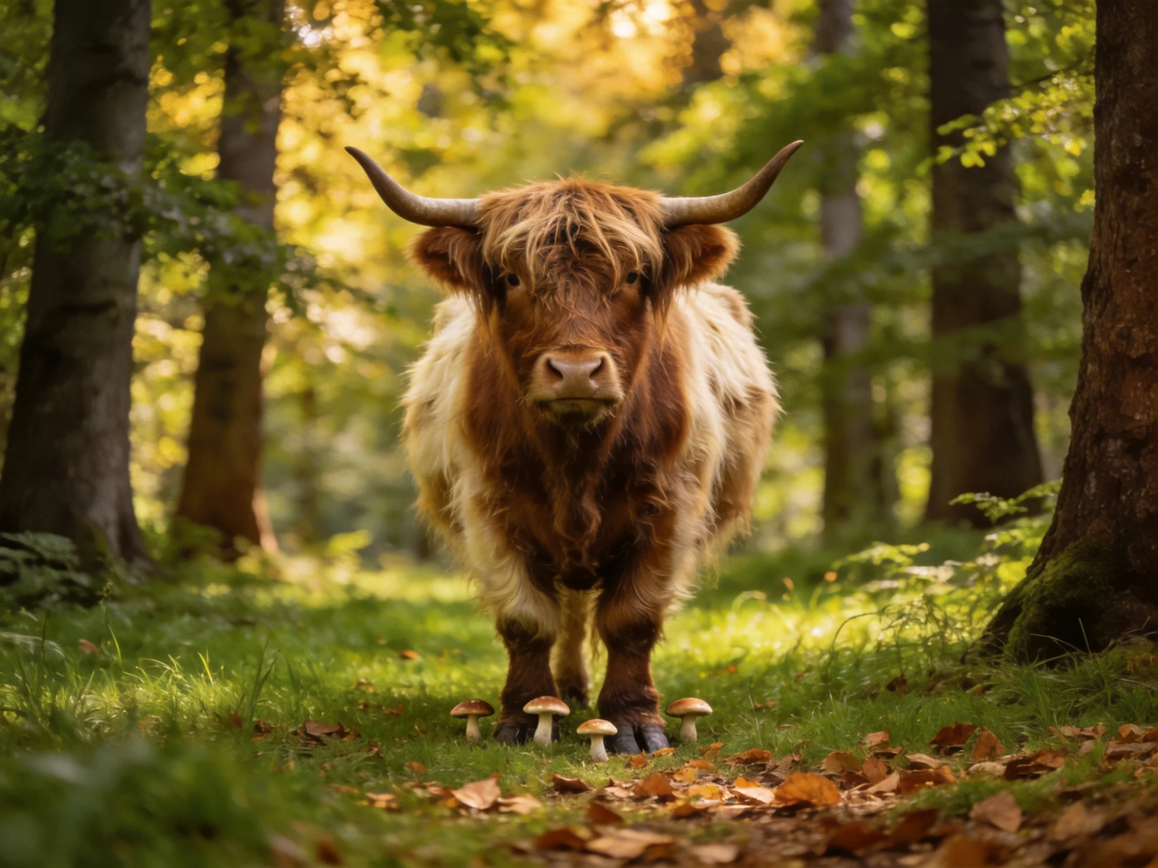 A shaggy brown Highland cow stands among four mushrooms in a sunlit forest