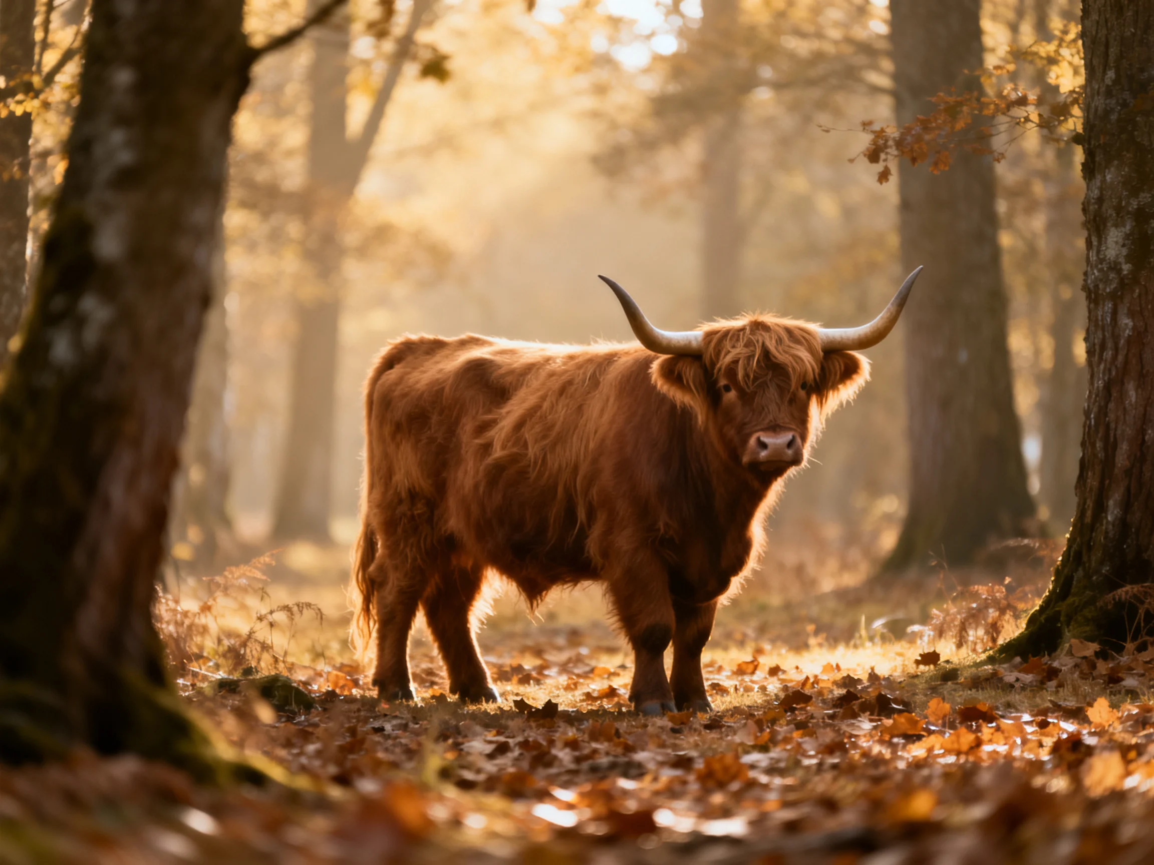 A shaggy brown Highland cow stands among golden autumn foliage